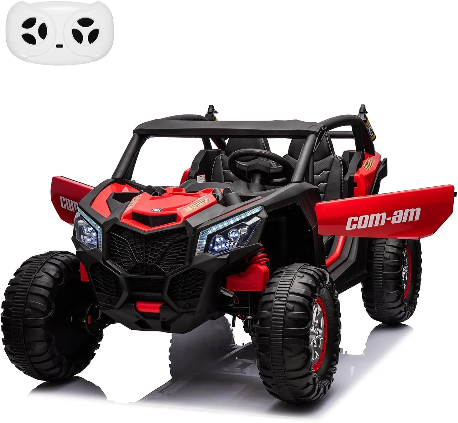 24V 2-Seater UTV, 4WD Ride On Toys with Remote Control, Powerful Electric Vehicle 4 Shock Absorbers, Leather Seats, Music and Lights, 24V Ride On Toys for Big Kids, Red