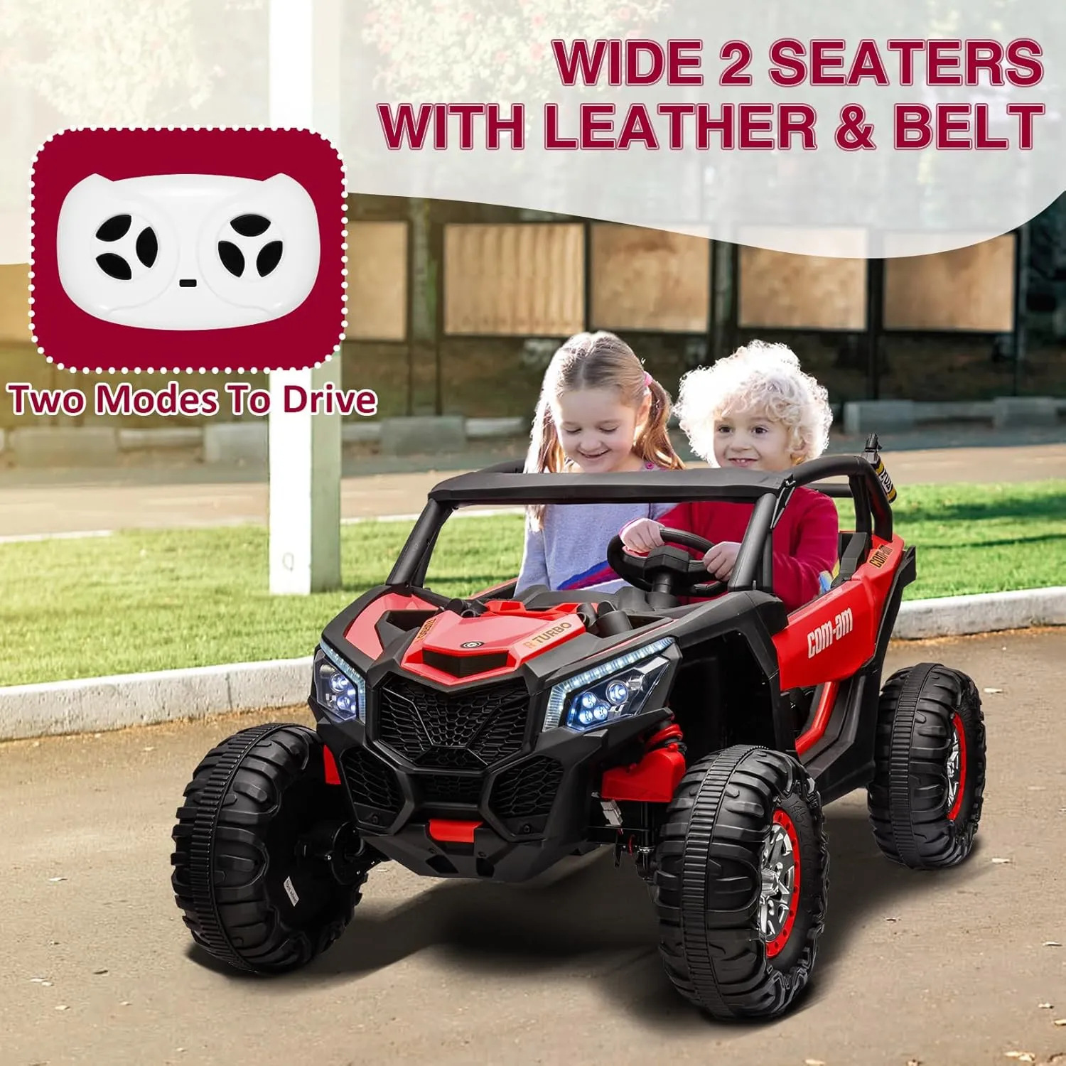 24V 2-Seater UTV, 4WD Ride On Toys with Remote Control, Powerful Electric Vehicle 4 Shock Absorbers, Leather Seats, Music and Lights, 24V Ride On Toys for Big Kids, Red