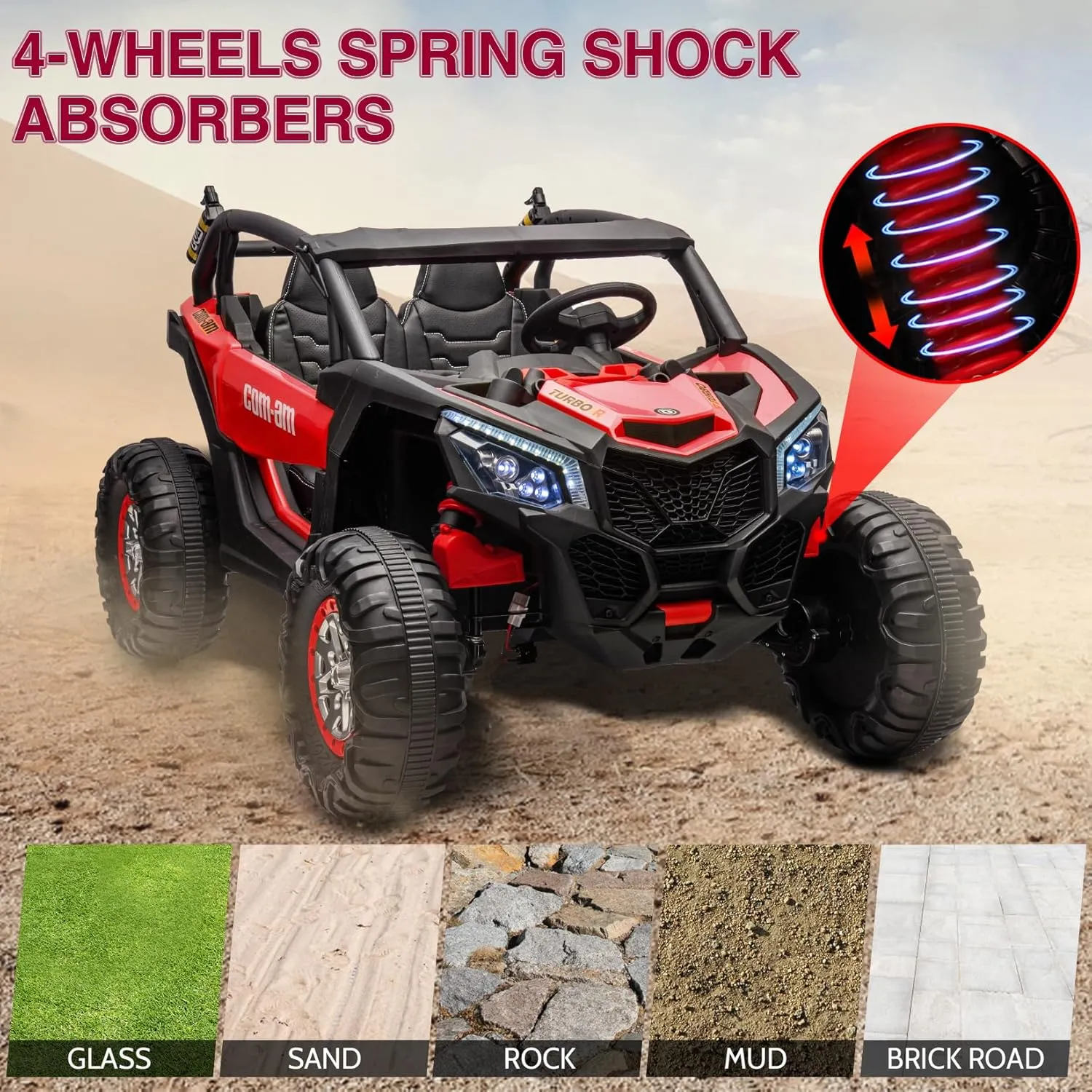 24V 2-Seater UTV, 4WD Ride On Toys with Remote Control, Powerful Electric Vehicle 4 Shock Absorbers, Leather Seats, Music and Lights, 24V Ride On Toys for Big Kids, Red