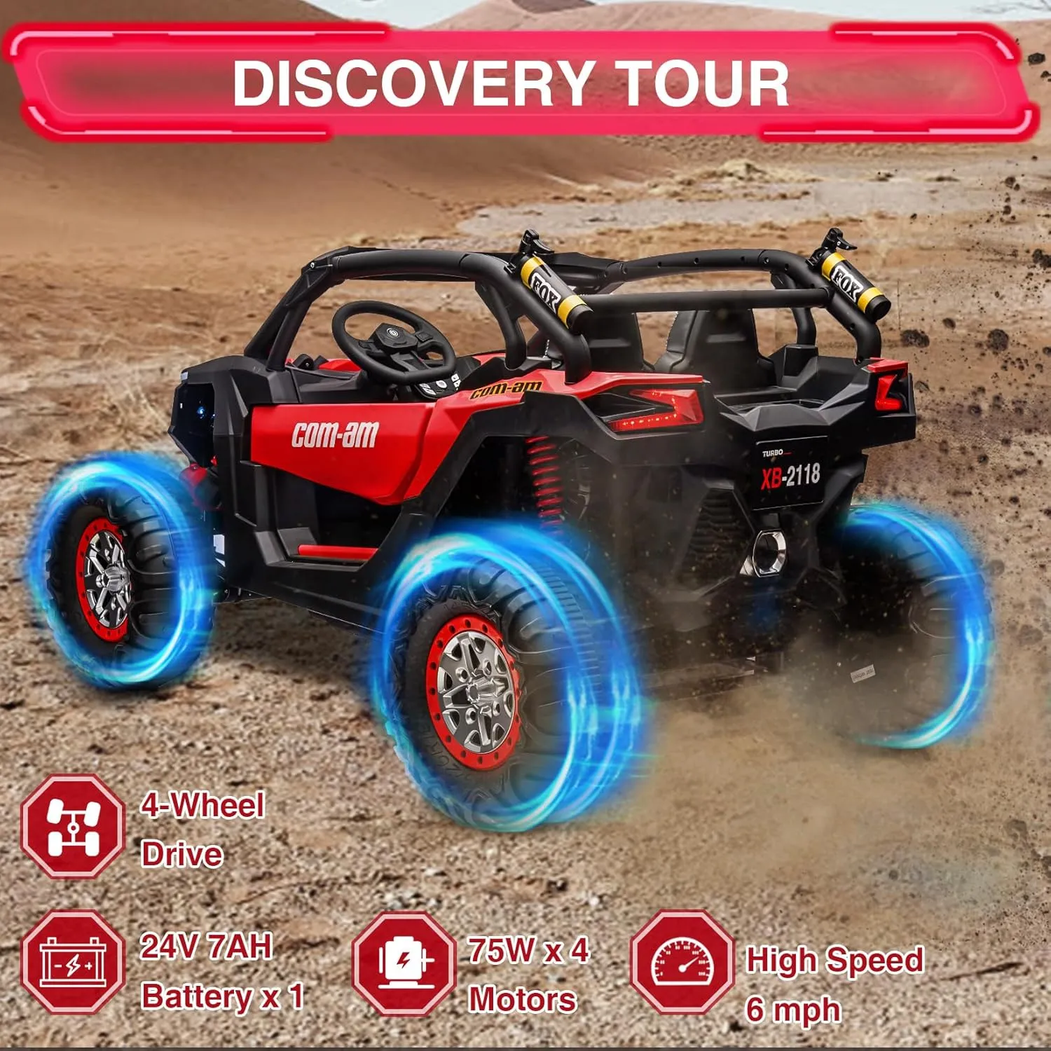 24V 2-Seater UTV, 4WD Ride On Toys with Remote Control, Powerful Electric Vehicle 4 Shock Absorbers, Leather Seats, Music and Lights, 24V Ride On Toys for Big Kids, Red