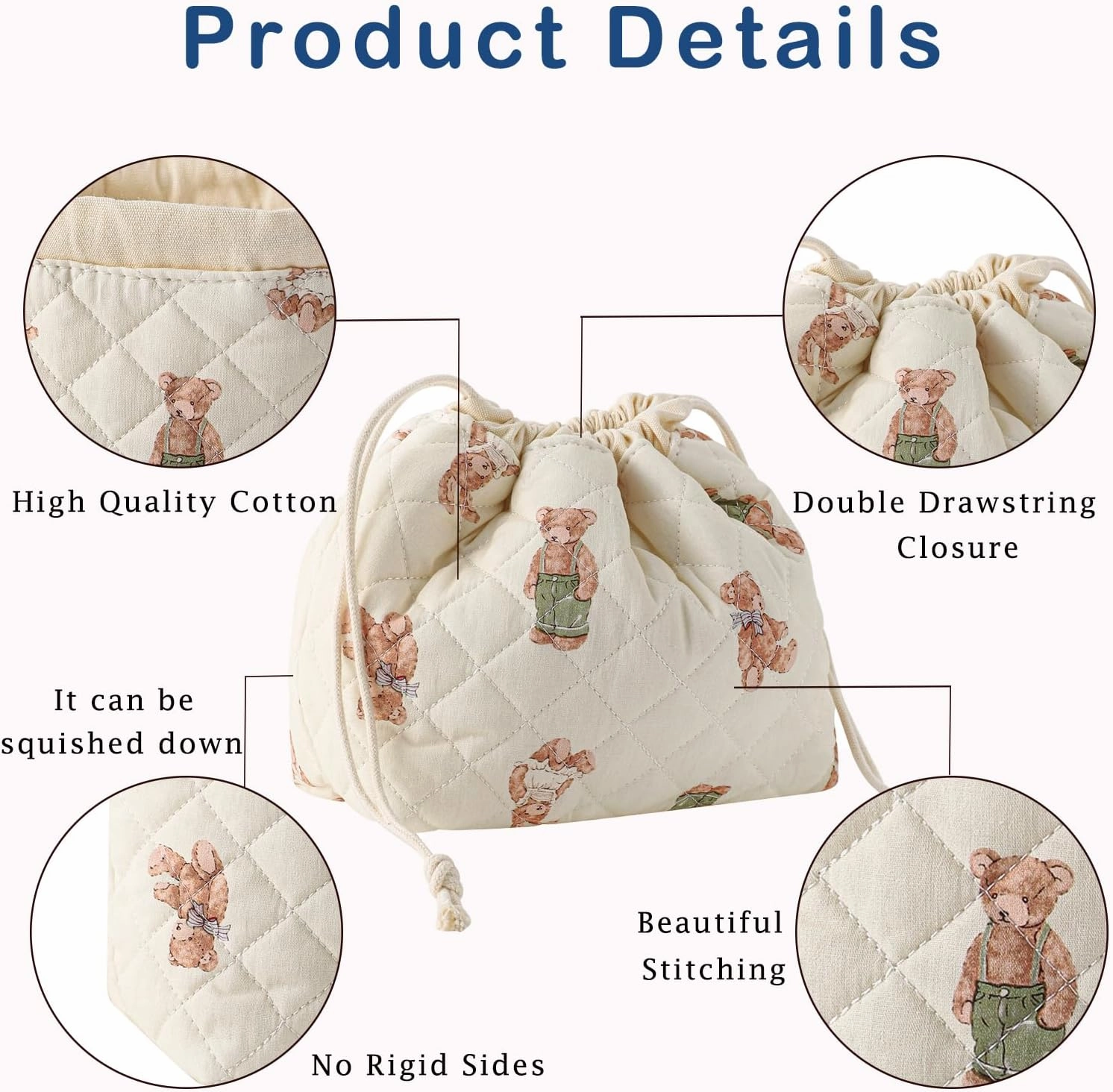 2Pcs Small Cotton Quilted Makeup Bag Set, Cute Coquette Drawstring Cosmetic Bag with Canvas Lining, Aesthetic Travel Organized Toiletry Bags for Purse (05White Bear)