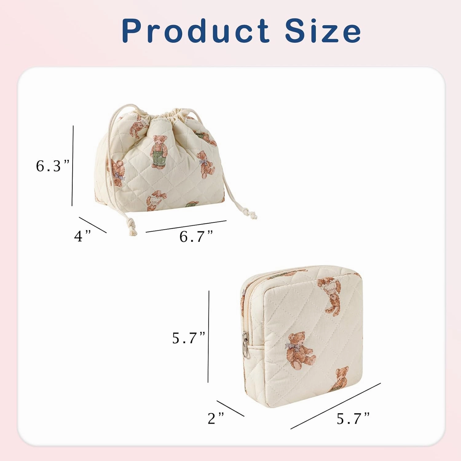 2Pcs Small Cotton Quilted Makeup Bag Set, Cute Coquette Drawstring Cosmetic Bag with Canvas Lining, Aesthetic Travel Organized Toiletry Bags for Purse (05White Bear)