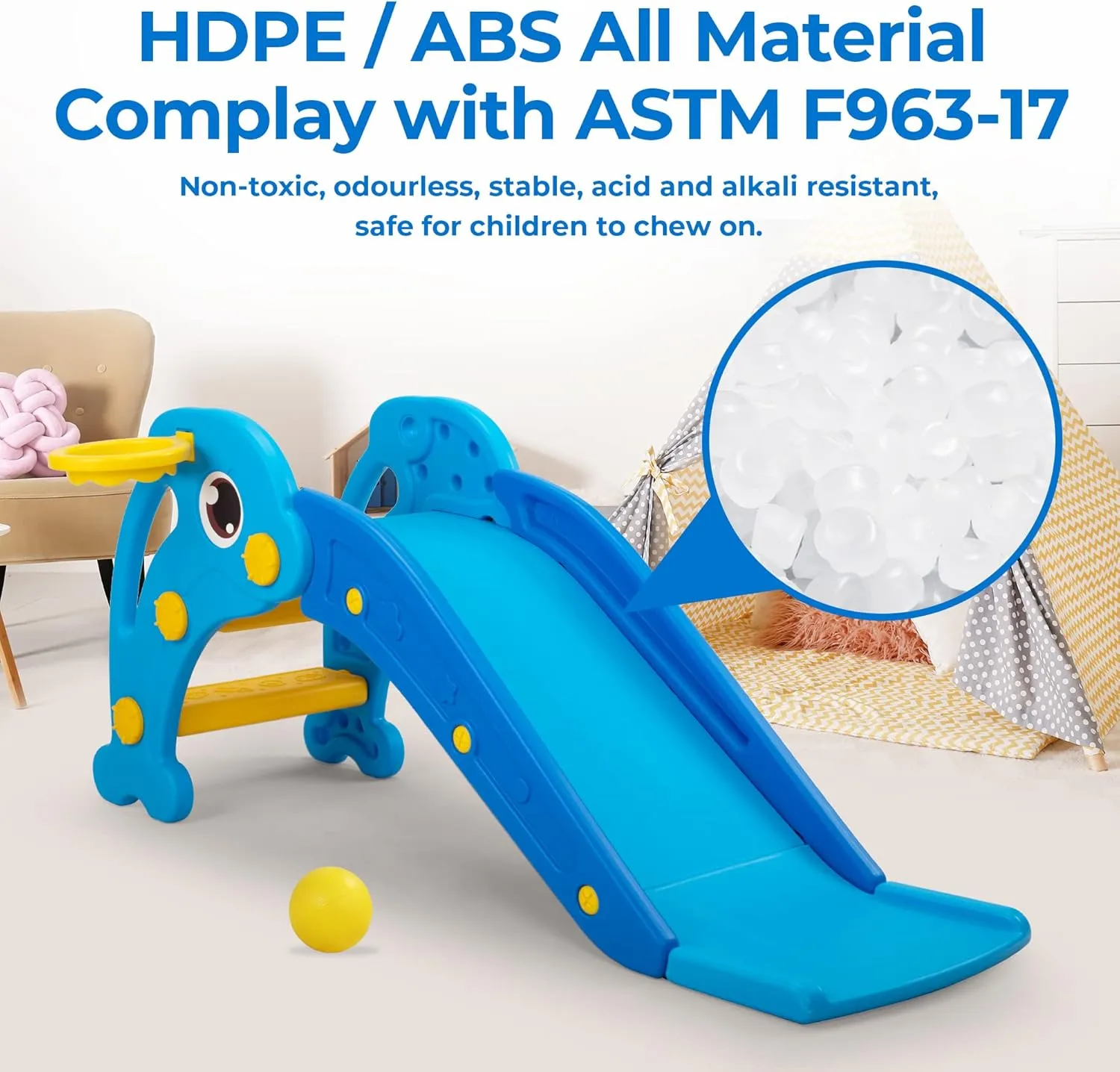 3 in 1 Toddler Slide, Baby Slide Plastic Climber Playset with Basketball Hoop and Ball, Indoor and Outdoor Playground for Kids