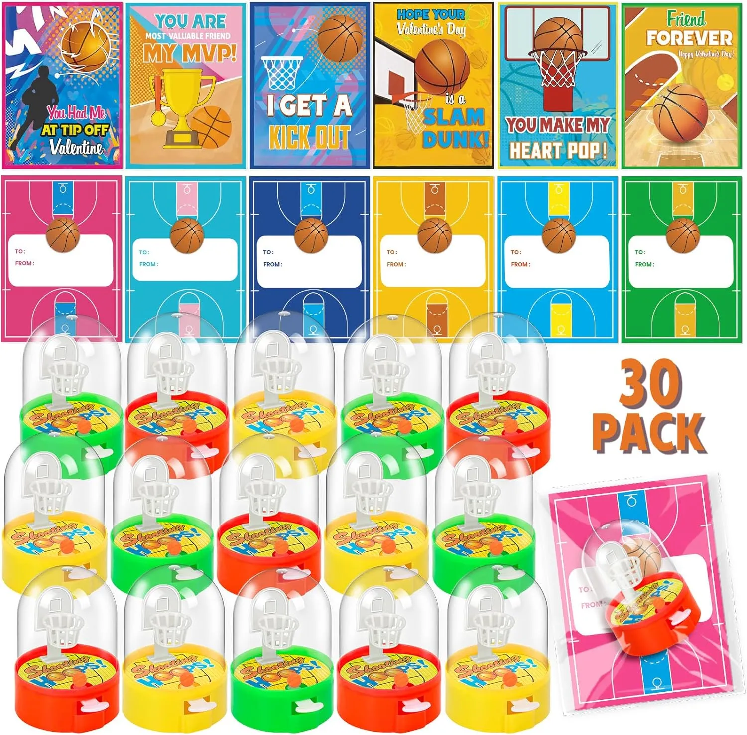 30 Pack Valentines Day Gifts for Kids for Classroom, Valentine's Exchange Greeting Cards with Mini Basketball Shooting Games Sports Gift Cards Finger Basketball Toy, Classroom Gifts Exchange Prize