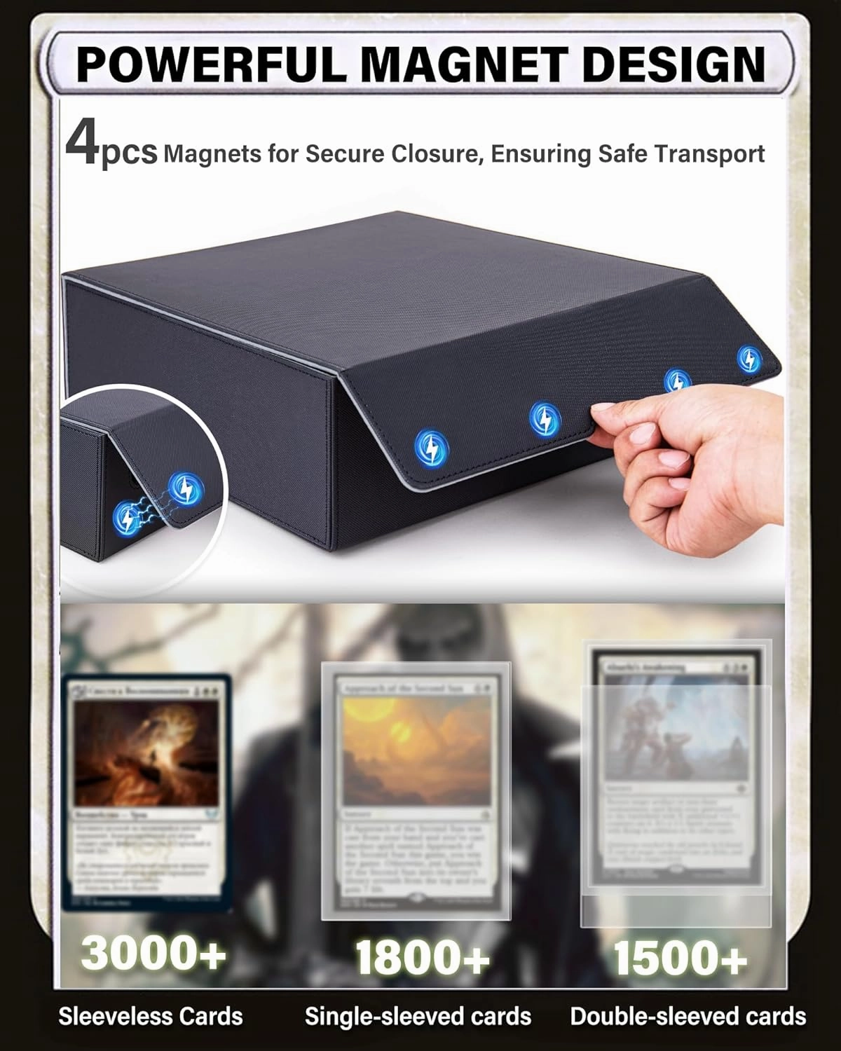 3000  Trading Cards Storage Box - 6 Fixing Supporters, 4 Rows MTG Card Deck Box with 24 Colorful Dividers & Strong Magnet, Commander Card Case for TCG Yugioh Magic Game Cards (Grey)
