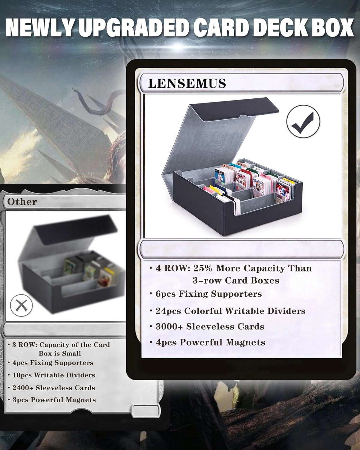 3000  Trading Cards Storage Box - 6 Fixing Supporters, 4 Rows MTG Card Deck Box with 24 Colorful Dividers & Strong Magnet, Commander Card Case for TCG Yugioh Magic Game Cards (Grey)