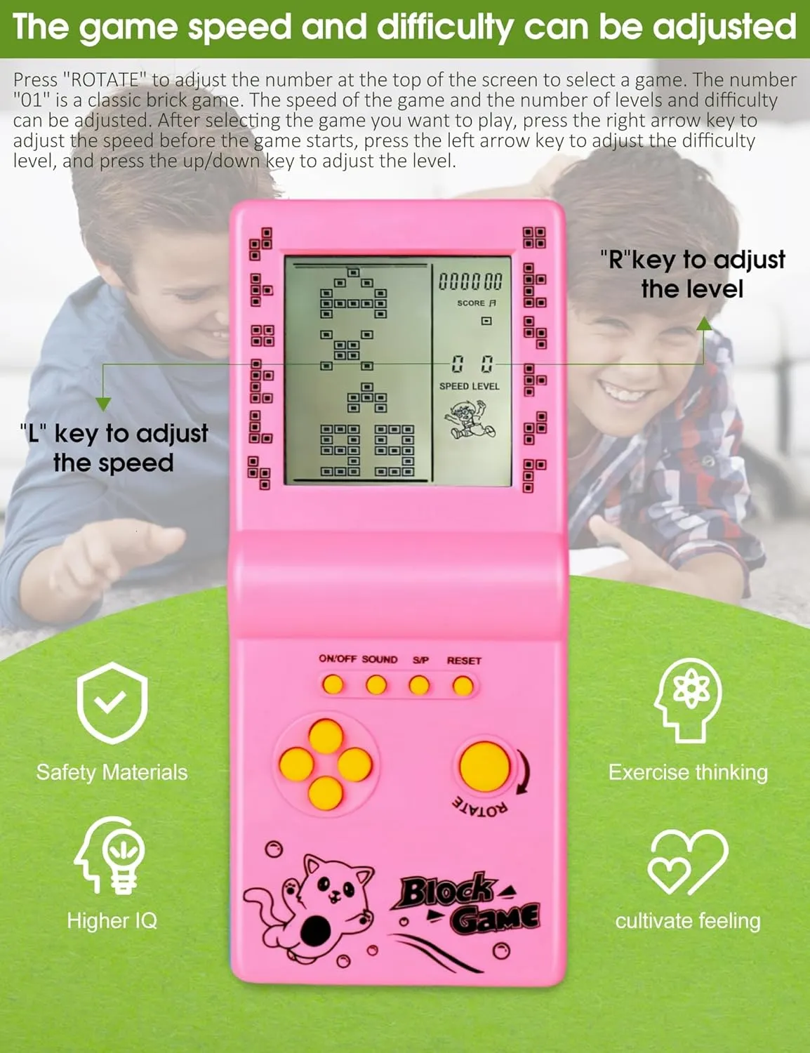 3.5-inch Large Screen Brick Game Console Building Block Game Racing/Tank Game Built-in 26 Classic Games Nostalgic Puzzle (Pink)