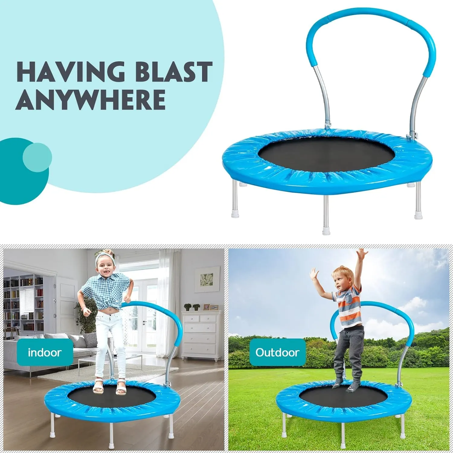 36-Inch Kids Trampoline With Handle - Indoor Mini for Toddlers, Small Rebounder, Adult Fitness for Indoor and Outdoor Use