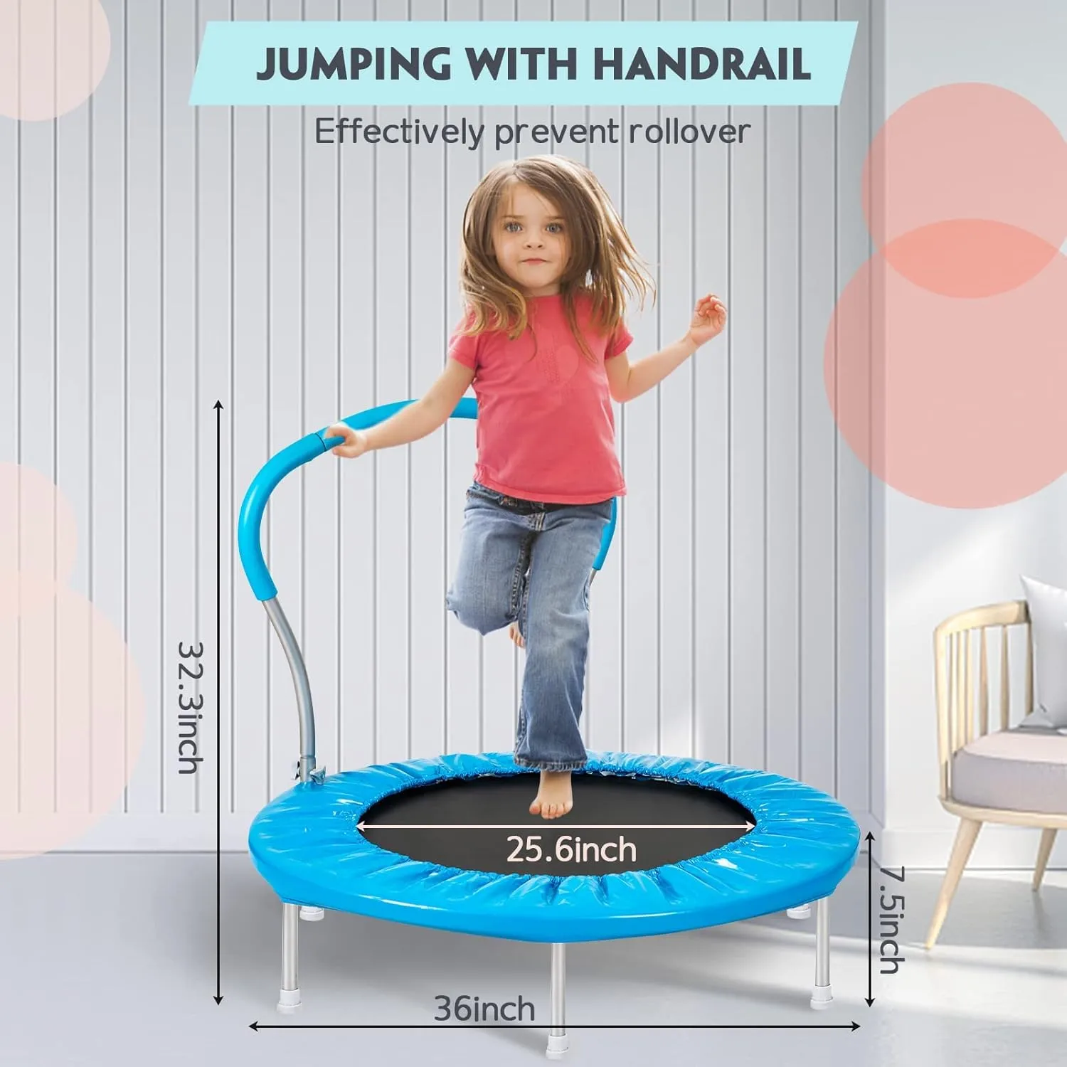 36-Inch Kids Trampoline With Handle - Indoor Mini for Toddlers, Small Rebounder, Adult Fitness for Indoor and Outdoor Use