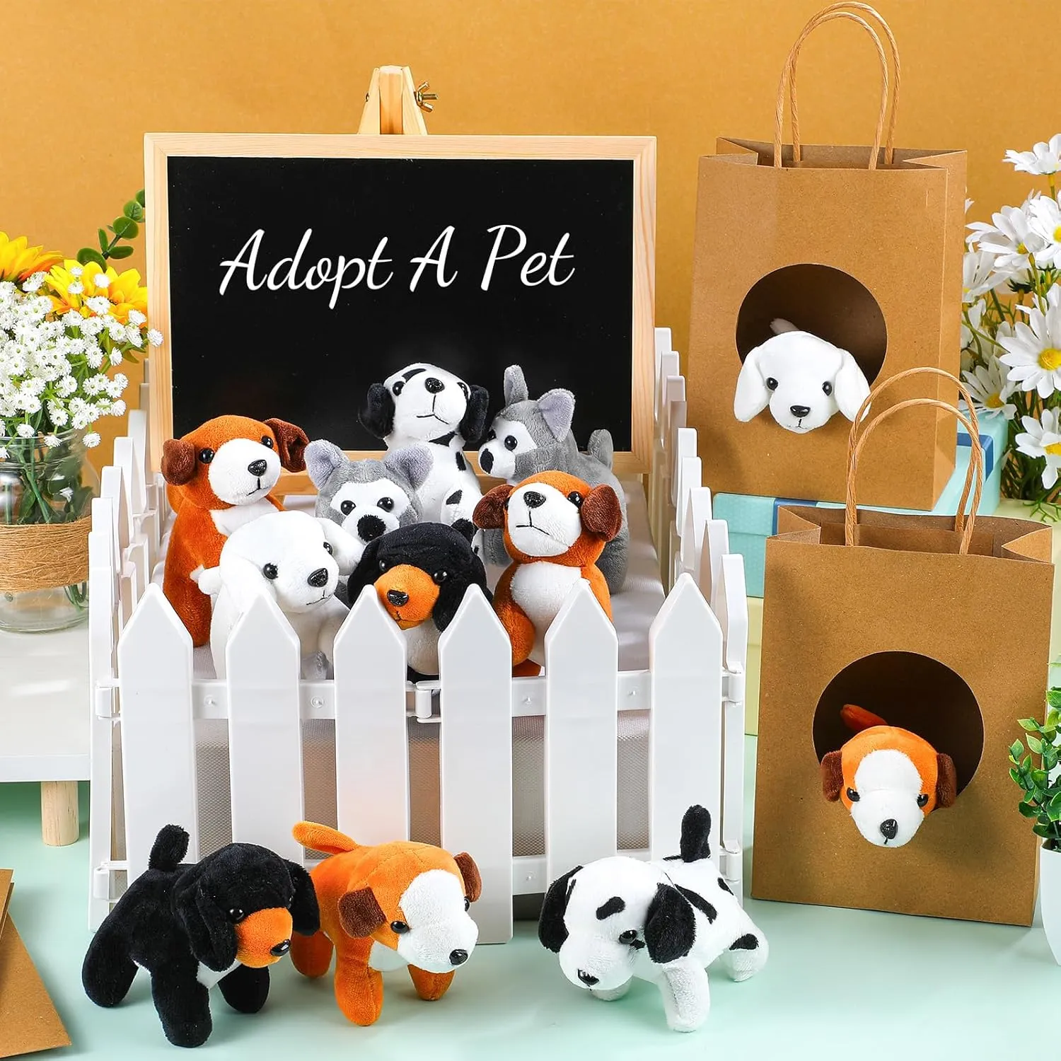 36 Pcs Adopt a Pet Party Favors Mini Plush Stuffed Animal Set with 10 White Plastic Fence 12 Kraft Paper Gift Bags Wooden Chalkboard Sign Chalk Marker for Adopt a Puppy Dog Birthday Party(Cute)