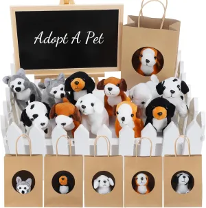 36 Pcs Adopt a Pet Party Favors Mini Plush Stuffed Animal Set with 10 White Plastic Fence 12 Kraft Paper Gift Bags Wooden Chalkboard Sign Chalk Marker for Adopt a Puppy Dog Birthday Party(Cute)