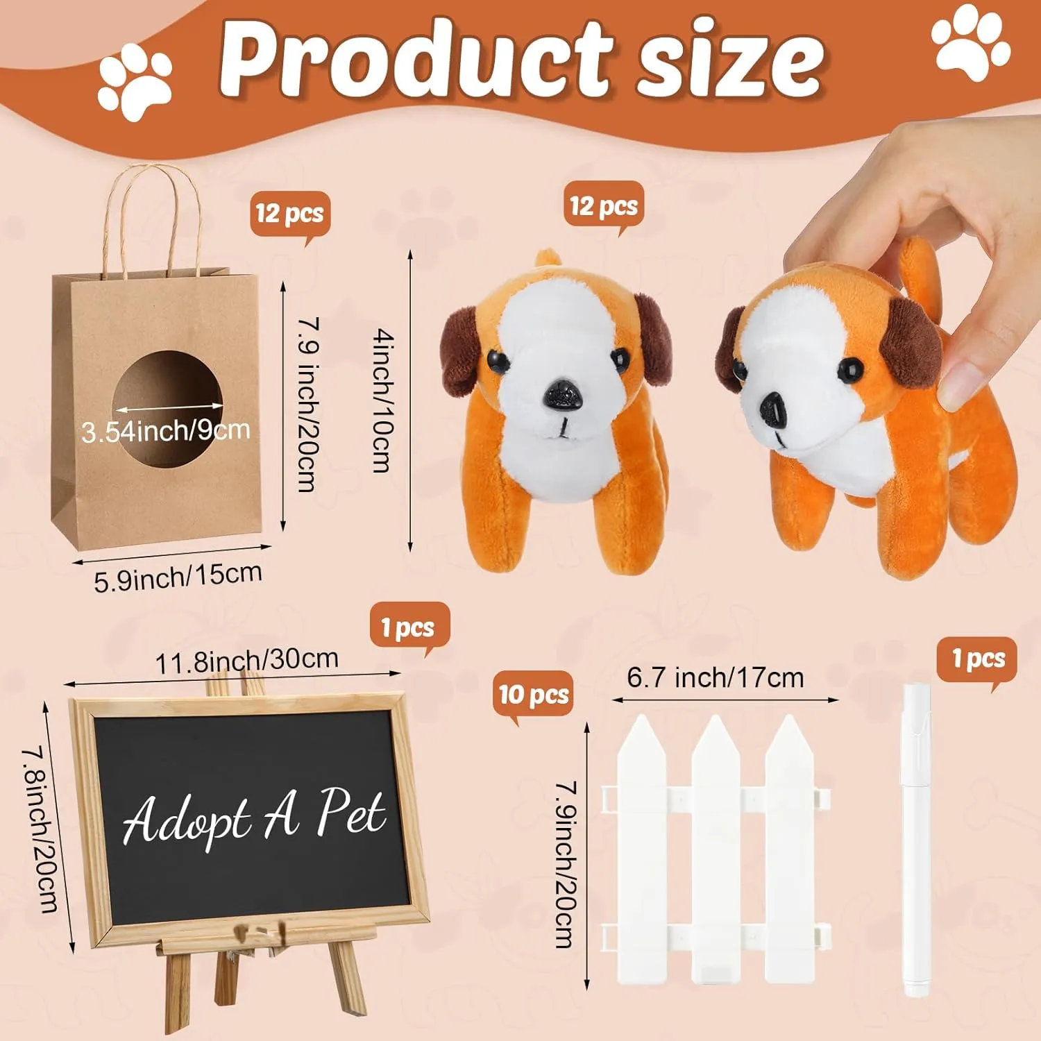 36 Pcs Adopt a Pet Party Favors Mini Plush Stuffed Animal Set with 10 White Plastic Fence 12 Kraft Paper Gift Bags Wooden Chalkboard Sign Chalk Marker for Adopt a Puppy Dog Birthday Party(Cute)