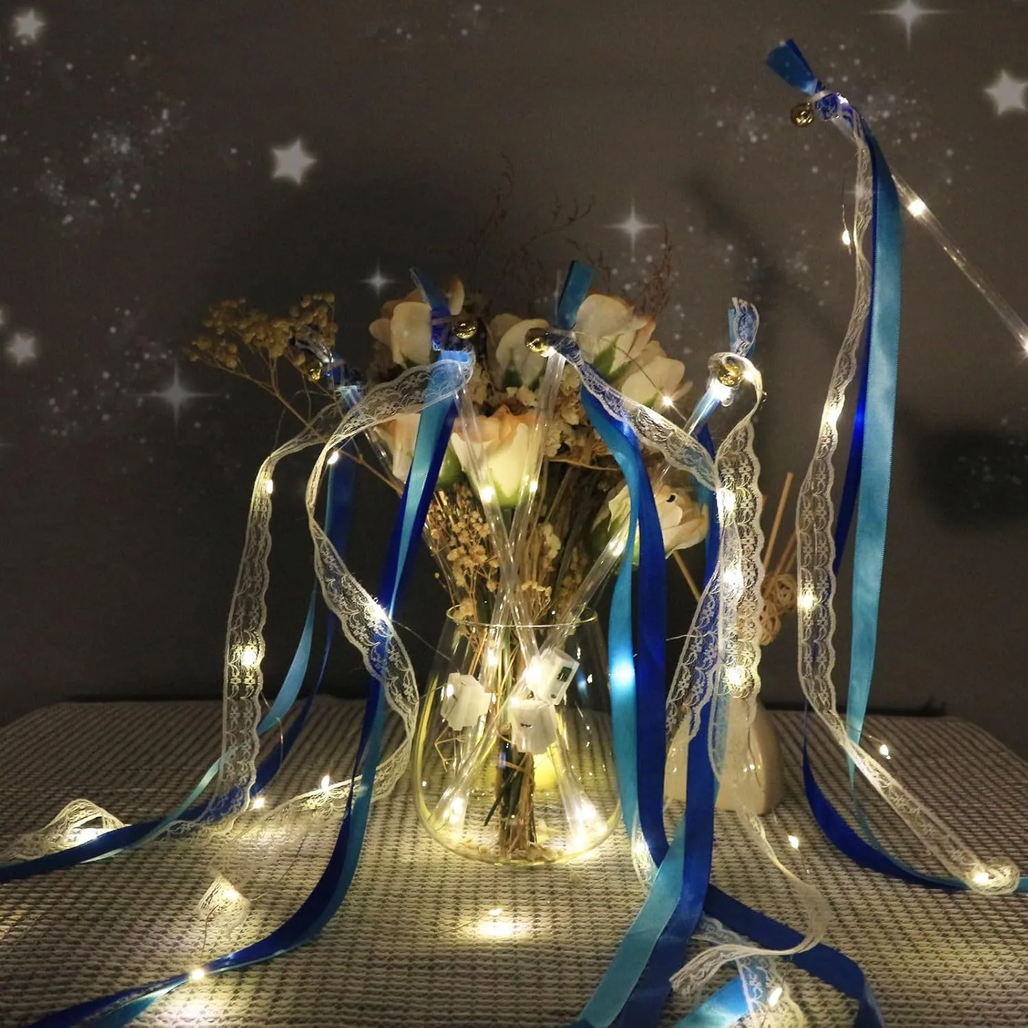 36 PCS Light up Wands LED Wands Ribbon Streamers Sticks with Bells Glow Silk Fairy Wands with 3 Flashing Modes for Wedding Reception Graduation Raves Concert Party Favors (Blue)