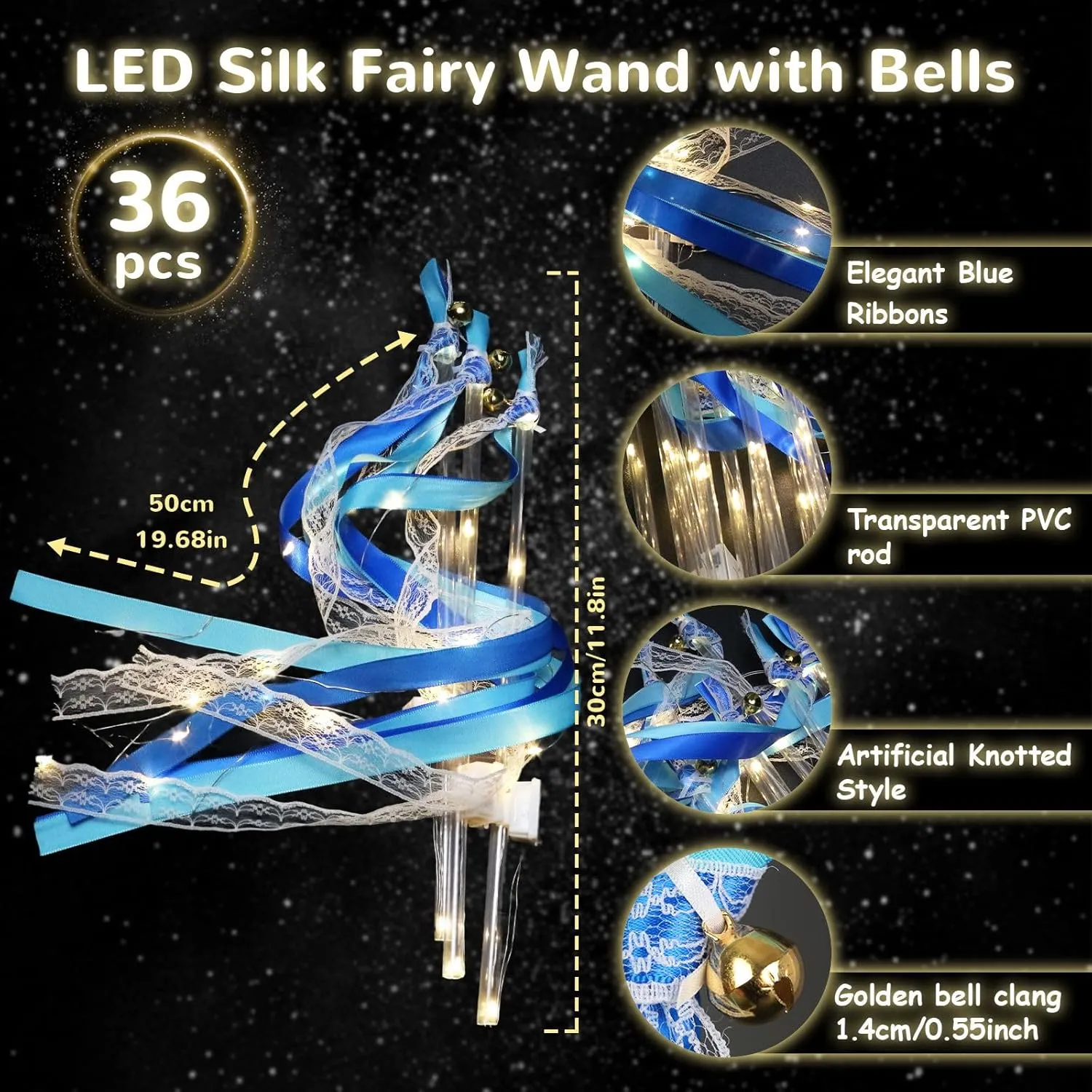 36 PCS Light up Wands LED Wands Ribbon Streamers Sticks with Bells Glow Silk Fairy Wands with 3 Flashing Modes for Wedding Reception Graduation Raves Concert Party Favors (Blue)