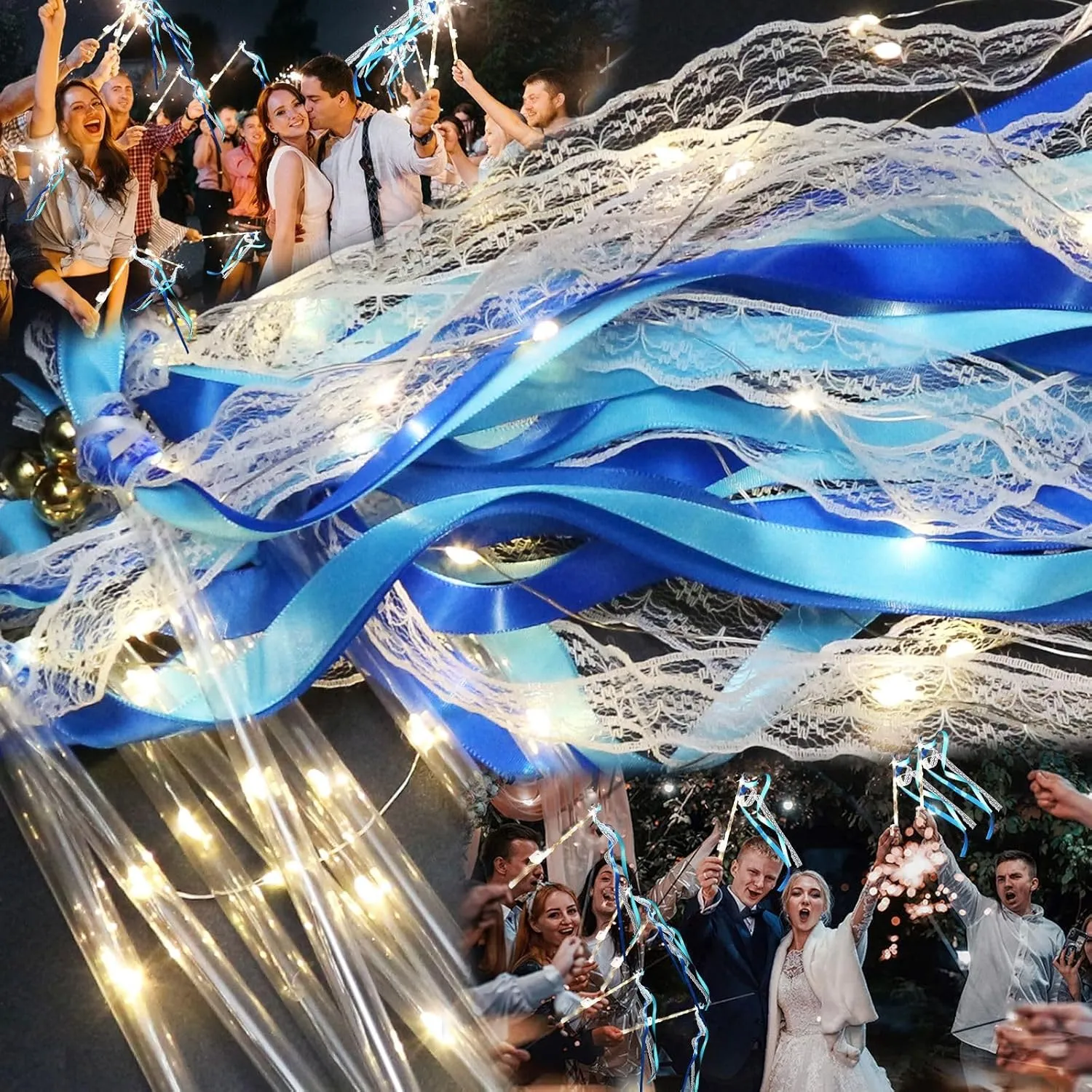 36 PCS Light up Wands LED Wands Ribbon Streamers Sticks with Bells Glow Silk Fairy Wands with 3 Flashing Modes for Wedding Reception Graduation Raves Concert Party Favors (Blue)
