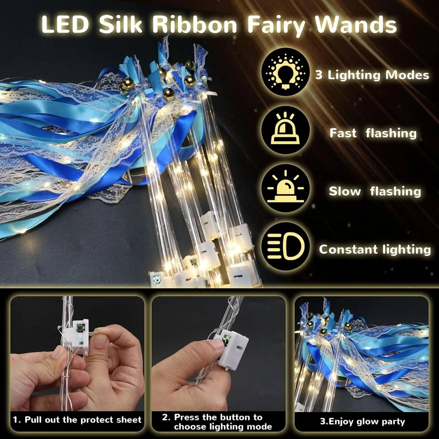 36 PCS Light up Wands LED Wands Ribbon Streamers Sticks with Bells Glow Silk Fairy Wands with 3 Flashing Modes for Wedding Reception Graduation Raves Concert Party Favors (Blue)