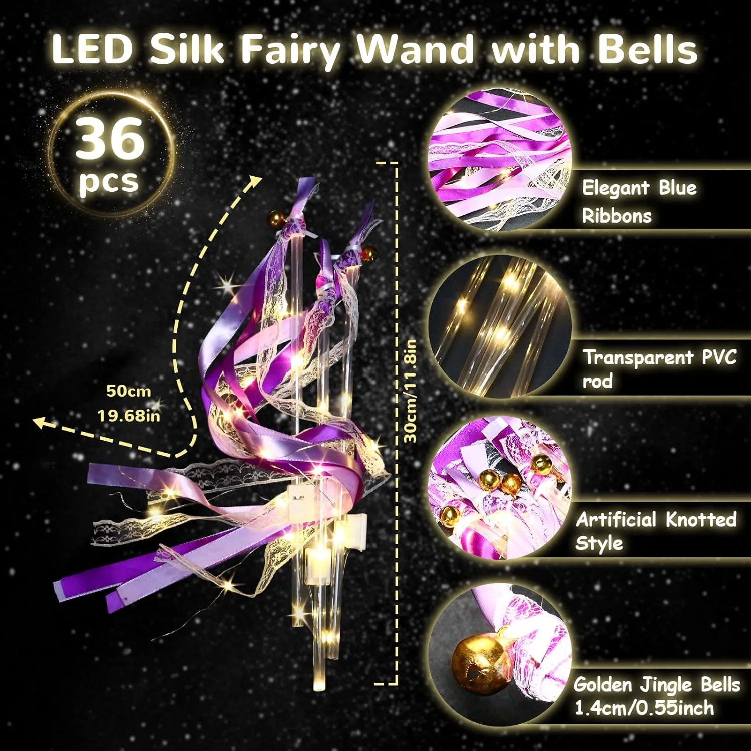36 PCS Light up Wands, LED Wands Ribbon Streamers Sticks with Bells, Glow Silk Fairy Wands with 3 Flashing Modes for Wedding Reception,Graduation, Raves, Concert, Party Favors (Purple)