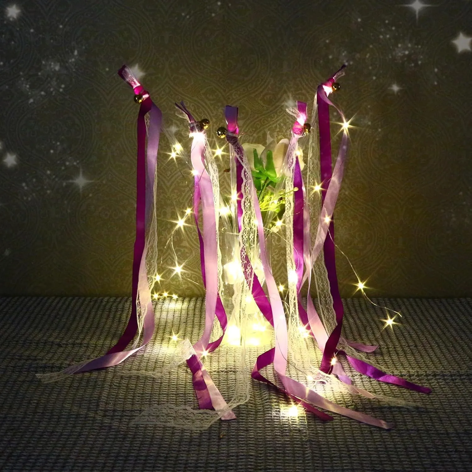 36 PCS Light up Wands, LED Wands Ribbon Streamers Sticks with Bells, Glow Silk Fairy Wands with 3 Flashing Modes for Wedding Reception,Graduation, Raves, Concert, Party Favors (Purple)