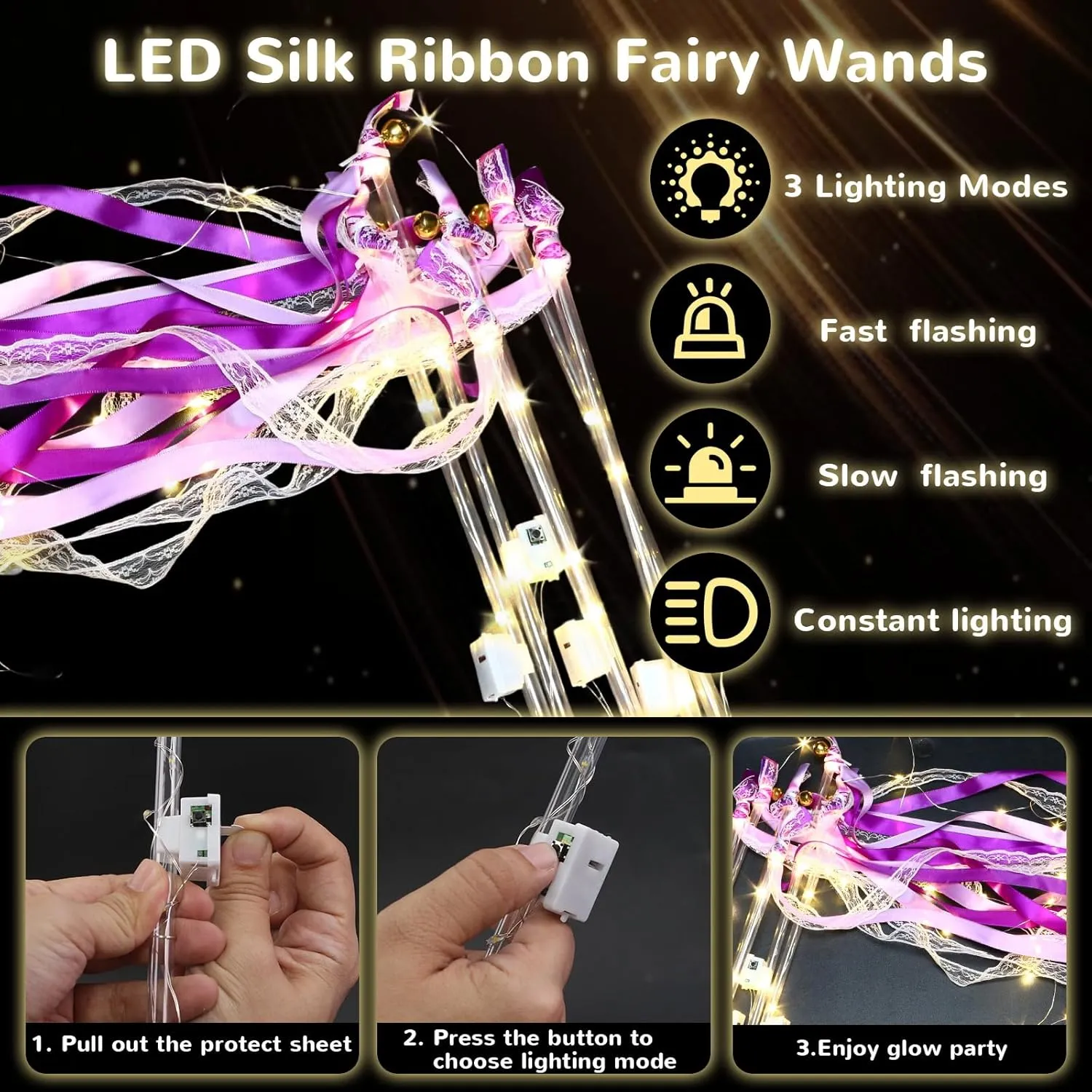 36 PCS Light up Wands, LED Wands Ribbon Streamers Sticks with Bells, Glow Silk Fairy Wands with 3 Flashing Modes for Wedding Reception,Graduation, Raves, Concert, Party Favors (Purple)