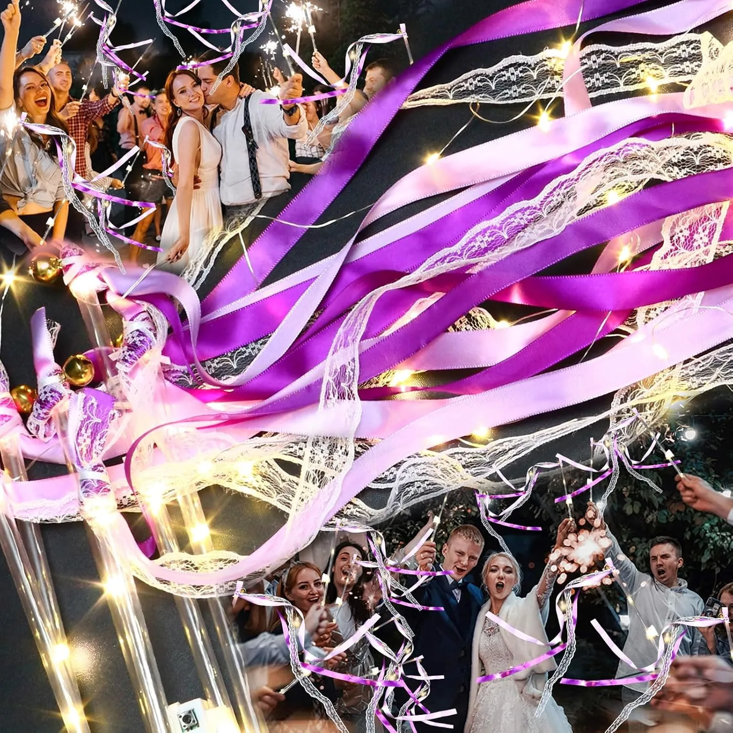 36 PCS Light up Wands, LED Wands Ribbon Streamers Sticks with Bells, Glow Silk Fairy Wands with 3 Flashing Modes for Wedding Reception,Graduation, Raves, Concert, Party Favors (Purple)