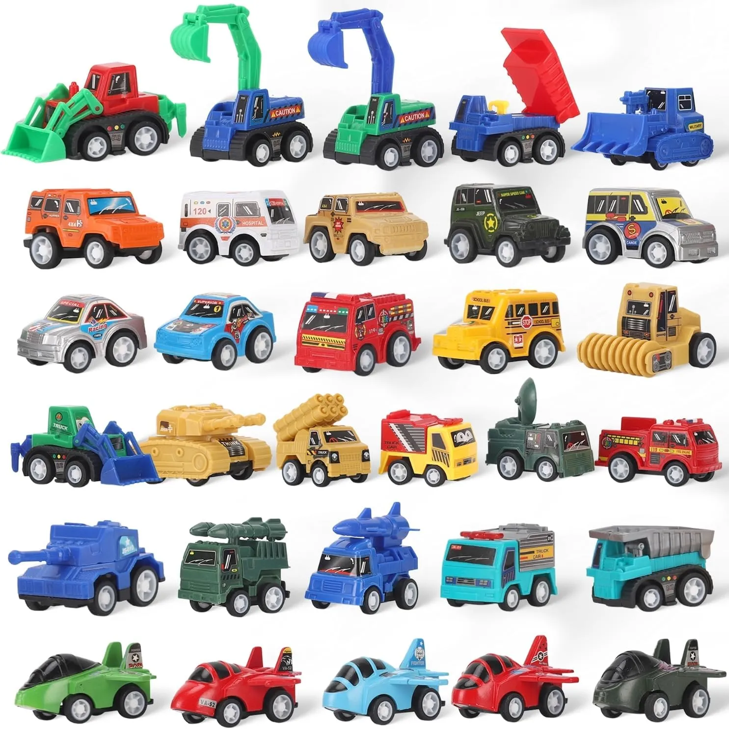 36 PCS Mini Pullback Vehicles Toy Pocket Cars Mega Set for Kids - Pull Back Plastic Miniature Construction Truck, Military Vehicle, Race Car, Fighter Jets Gift Assortment