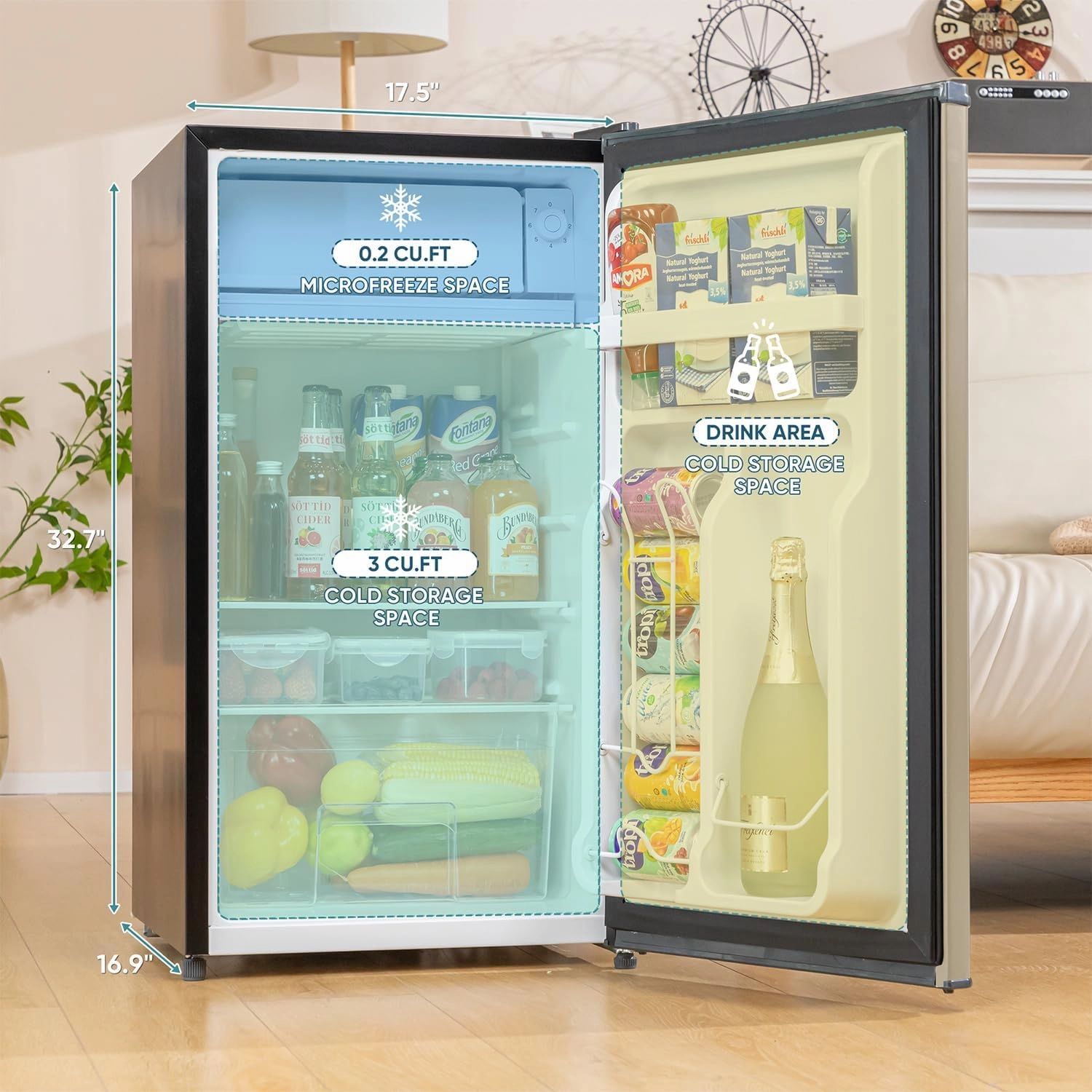 3.2 Cu.Ft Mini Fridge with Freezer, Single Door Mini Fridge, Adjustable Thermostat, Energy Saving Mini Refrigerator for Bedroom, Office, Dorm (Champagne, 3.2 Cu.ft)
