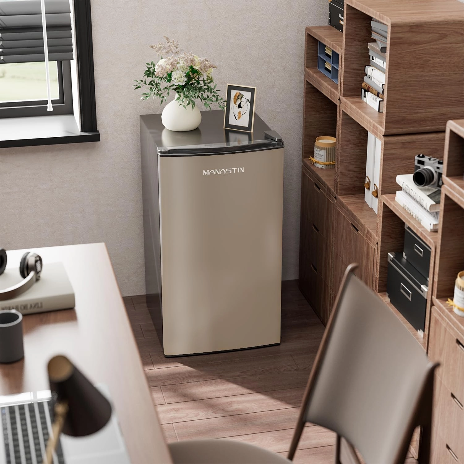 3.2 Cu.Ft Mini Fridge with Freezer, Single Door Mini Fridge, Adjustable Thermostat, Energy Saving Mini Refrigerator for Bedroom, Office, Dorm (Champagne, 3.2 Cu.ft)
