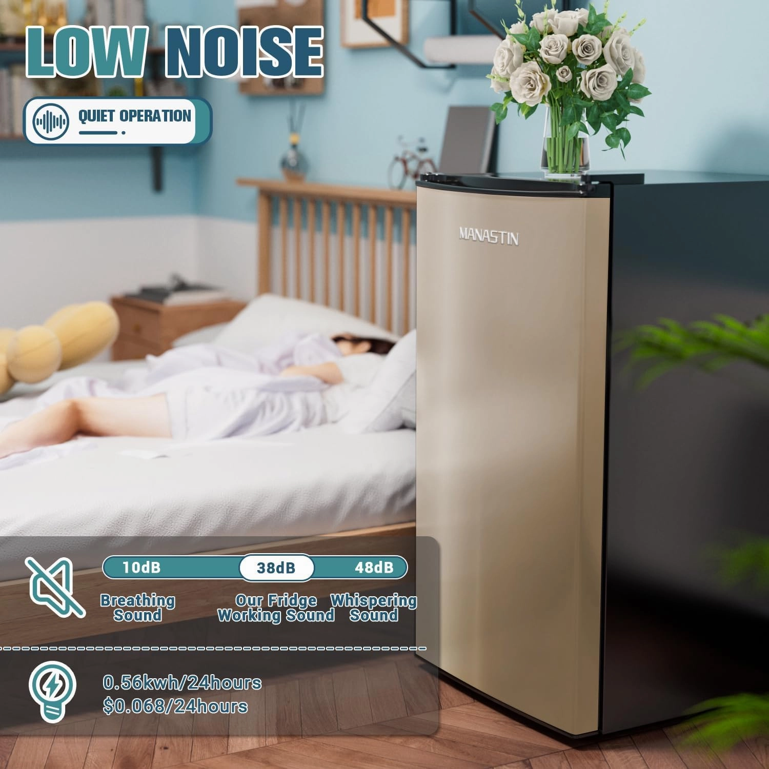 3.2 Cu.Ft Mini Fridge with Freezer, Single Door Mini Fridge, Adjustable Thermostat, Energy Saving Mini Refrigerator for Bedroom, Office, Dorm (Champagne, 3.2 Cu.ft)