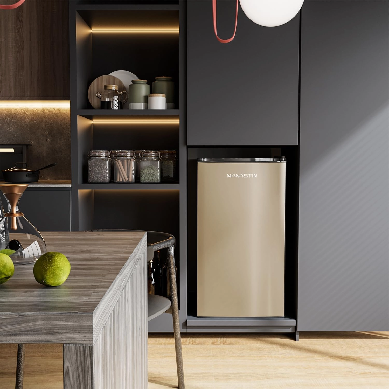 3.2 Cu.Ft Mini Fridge with Freezer, Single Door Mini Fridge, Adjustable Thermostat, Energy Saving Mini Refrigerator for Bedroom, Office, Dorm (Champagne, 3.2 Cu.ft)