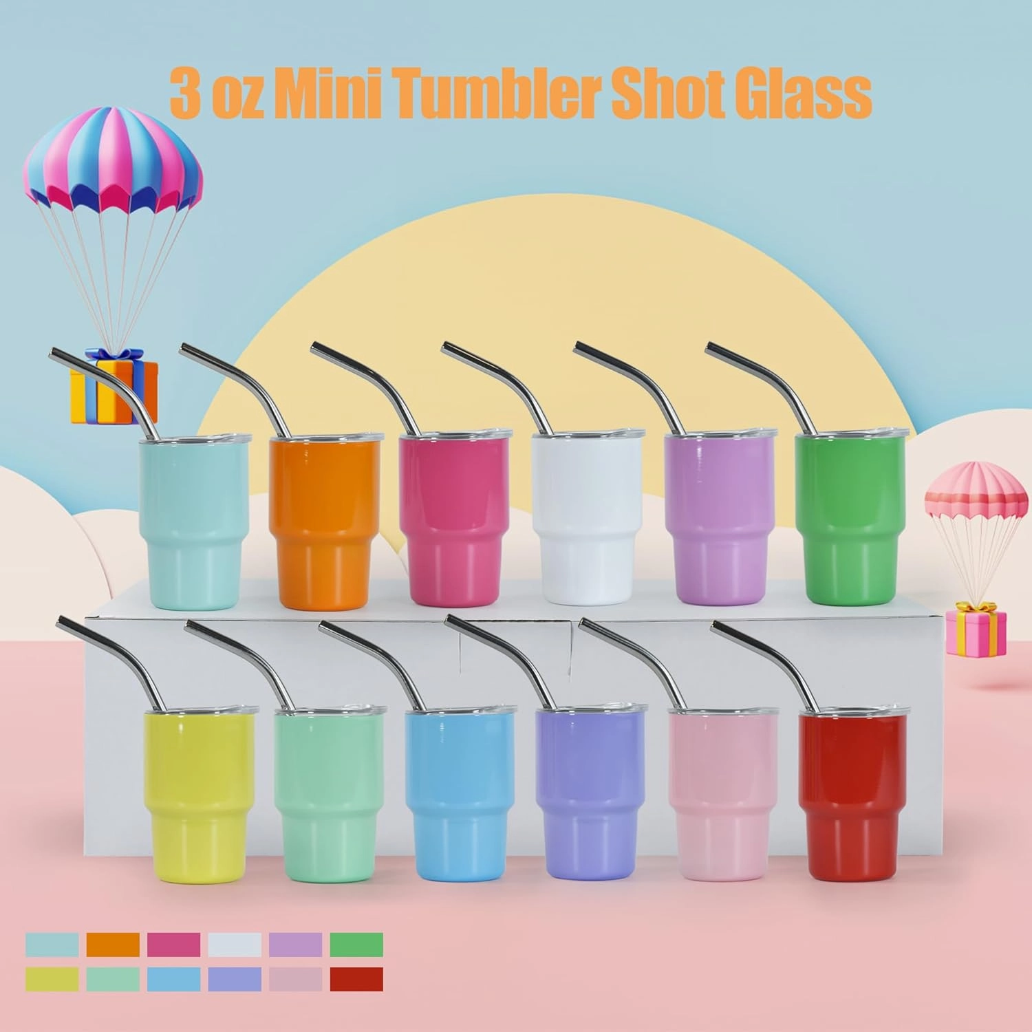 3 oz Mini Tumbler Shot Glass with Straw and Lid 12 Pcs Sublimation Shot Glasses Tumblers Stainless Steel Mini Shot Glasses with Lids for Wedding Party Whiskey Cocktail Bar, 12 Colored