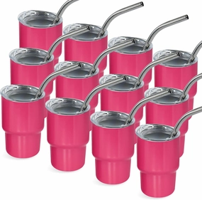 3 oz Mini Tumbler Shot Glass with Straw and Lid 12 Pcs Sublimation Shot Glasses Tumblers Stainless Steel Mini Shot Glasses with Lids for Wedding Party Whiskey Cocktail Bar, Hot Pink
