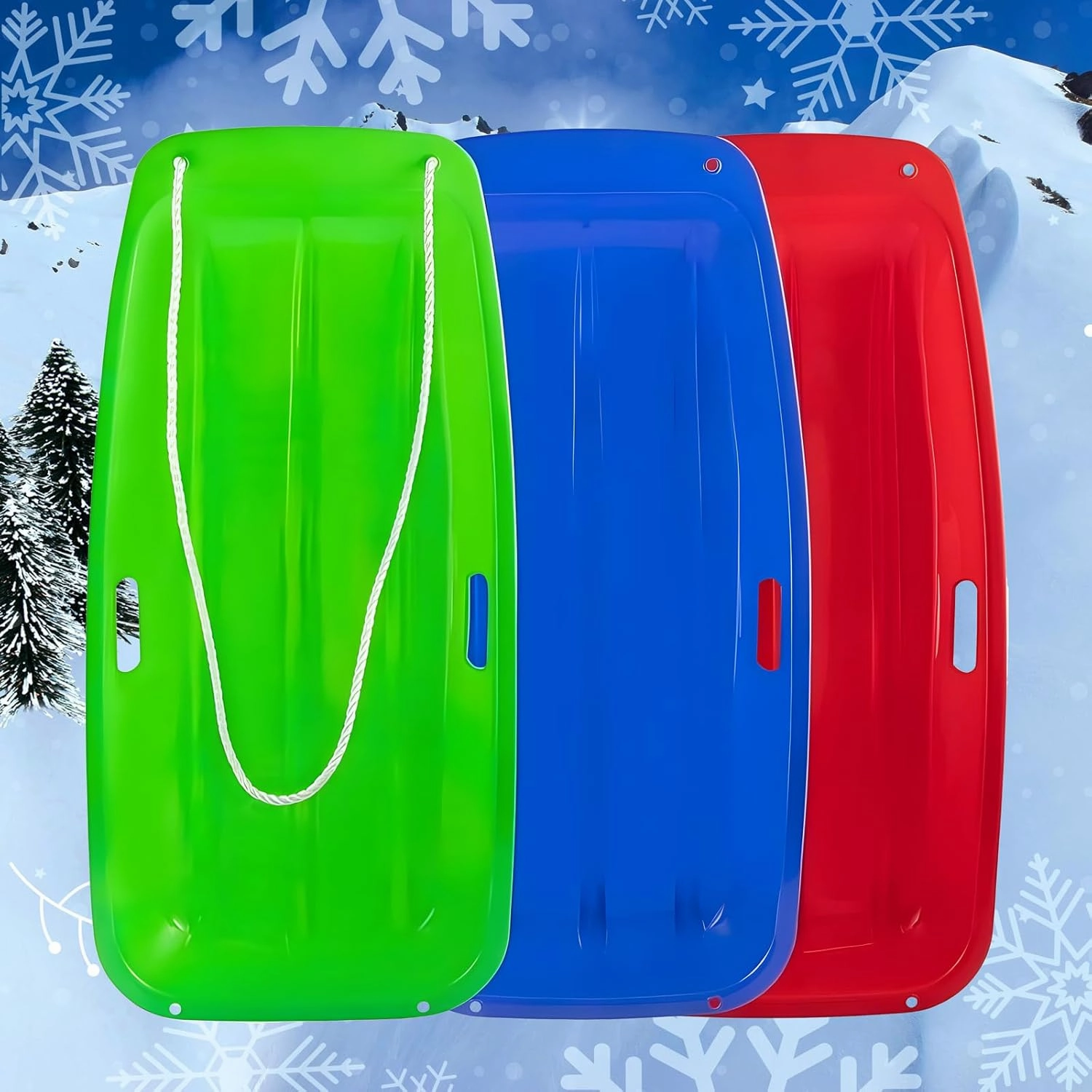 3PCS Snow Sled for Kid and Adult Includes Resistant Handles and Ropes 1-2 Riders for Winter Skiing Outdoor Sledding Gift