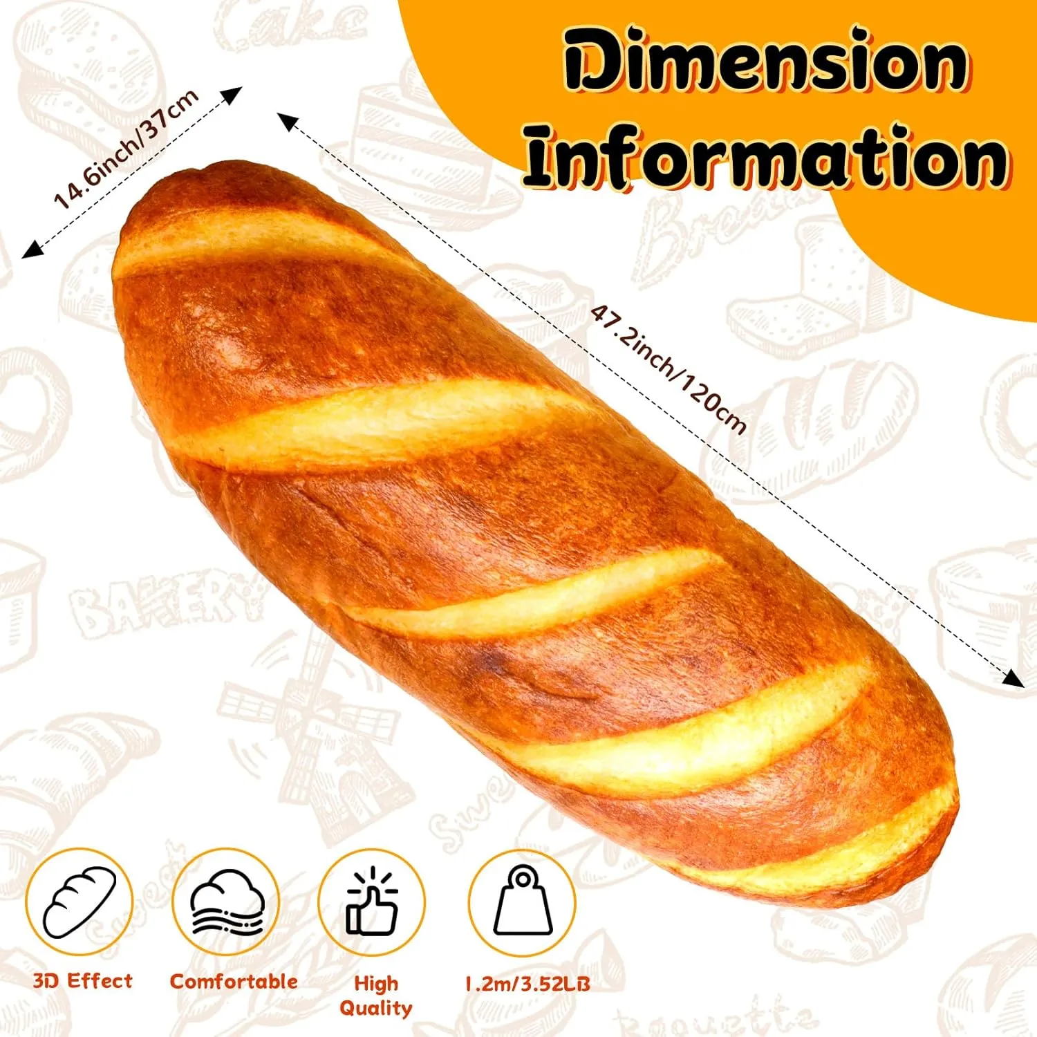48" Bread Pillow Giant Bread Plush Pillow 3D Simulation Baguette Pillow Funny Body Pillow Food Plush Christmas Stuffed Toys for Girls Boys