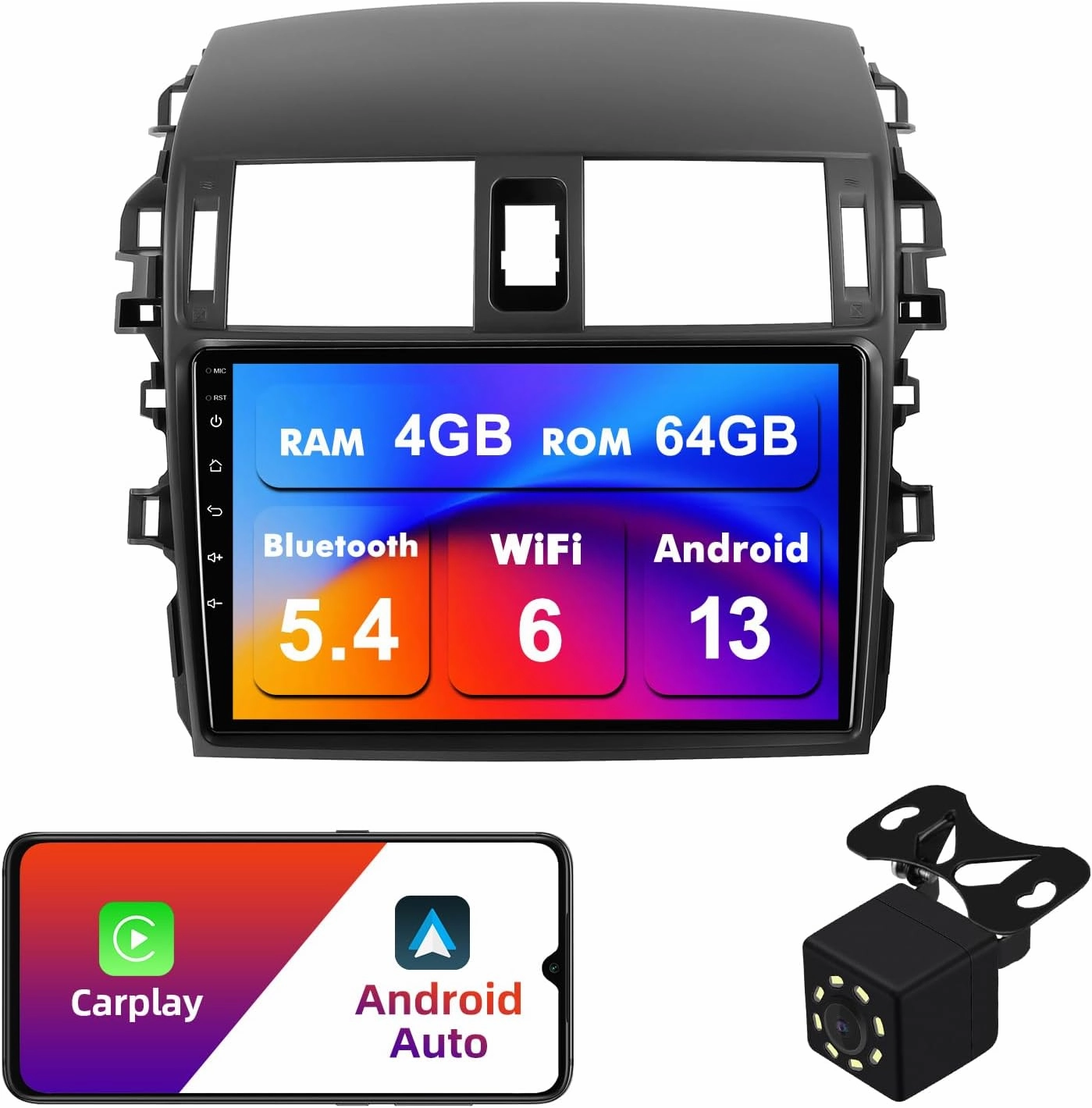 4 64G Android 13 Double Din Car Stereo for Toyota Corolla 2009-2013 with 9 Inch Touchscreen Radio Built-in Wireless Carplay/Android Auto/GPS/Bluetooth/FM/AUX-in/Steering Wheel Controls/Backup Camera