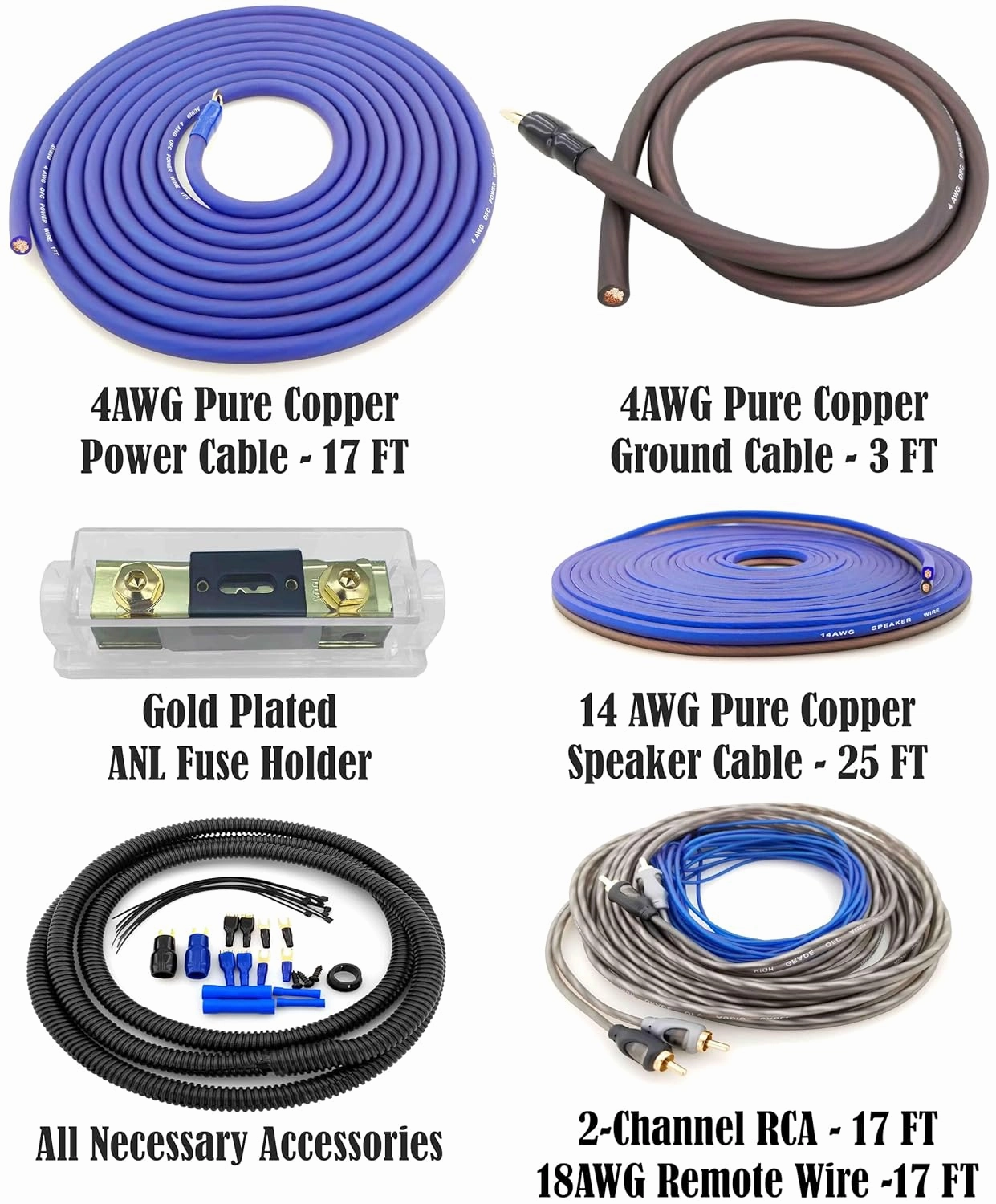 4 Gauge 100% Copper OFC Complete Amplifier Wiring Kit | True Spec 4 AWG (American Wire Guage) for Automotive Car Audio Subwoofer Amp Install (incl Power Ground Cable RCA Speaker Remote Wires)