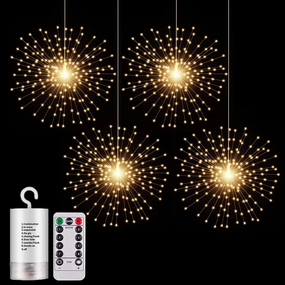 4 Pack Starburst Sphere Lights, 200 LED Firework Lights, 8 Modes Dimmable Remote Control Waterproof Hanging Fairy Light, Copper Wire for Patio Parties Christmas (Battery Operated)