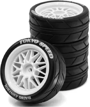 4PCS 1/10 RC On-Road Tires Y-Type Plastic Wheel Rim and 2.56" OD Rubber Tires 12mm Hex Fit for 1/10 On-Road Racing Car Tamiya TT02 TT01 Kyosho HSP HPI
