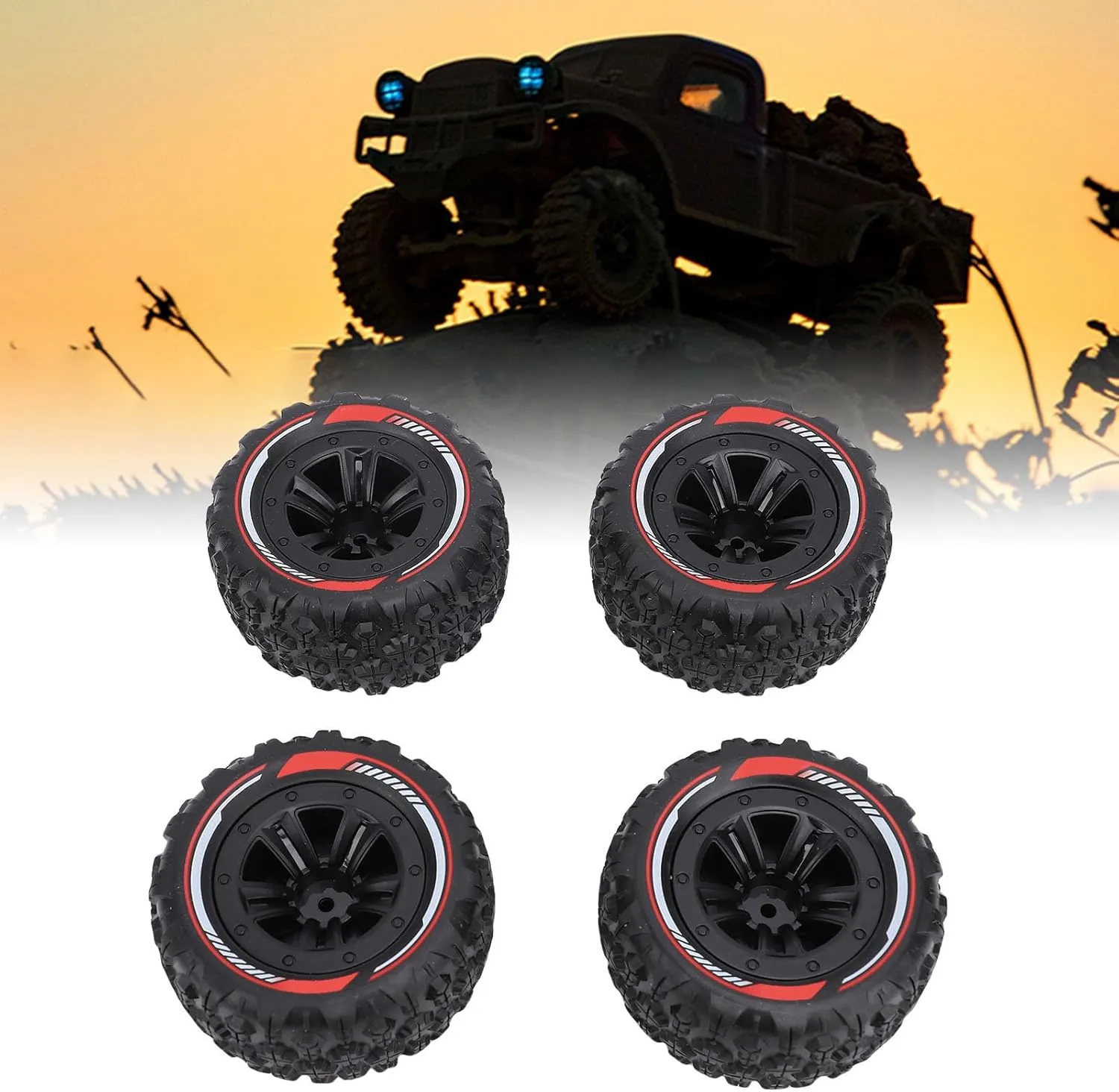4PCS 12mm Hex RC Wheel Tire Extra Large Mud Terrain Tires with Anti Skid Surface Aluminum Alloy Beadlock Wheels for 1/14 1/16 RC Car Crawler Truck (Black)