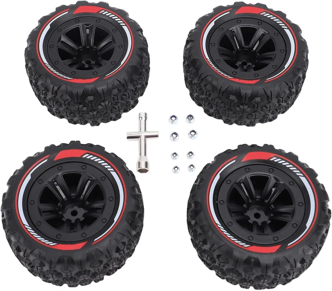 4PCS 12mm Hex RC Wheel Tire Extra Large Mud Terrain Tires with Anti Skid Surface Aluminum Alloy Beadlock Wheels for 1/14 1/16 RC Car Crawler Truck (Black)