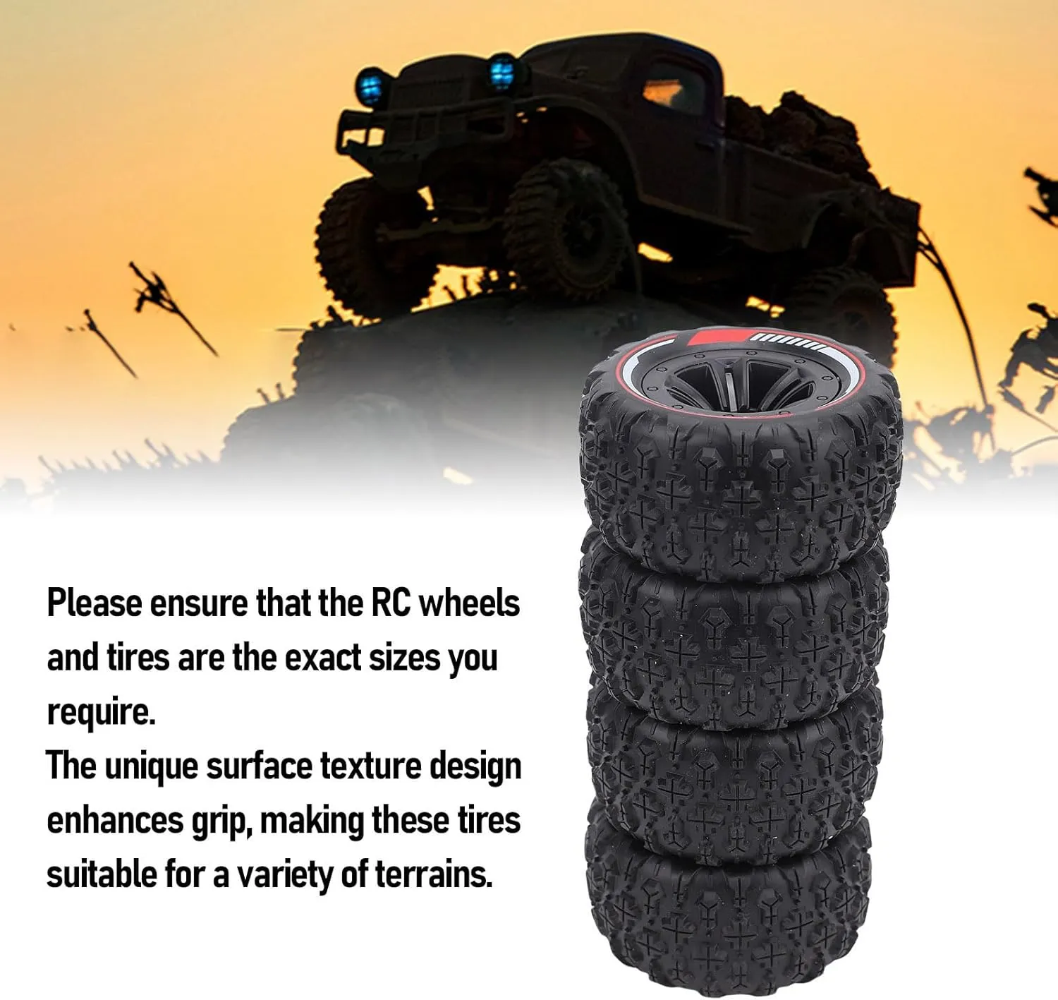 4PCS 12mm Hex RC Wheel Tire Extra Large Mud Terrain Tires with Anti Skid Surface Aluminum Alloy Beadlock Wheels for 1/14 1/16 RC Car Crawler Truck (Black)