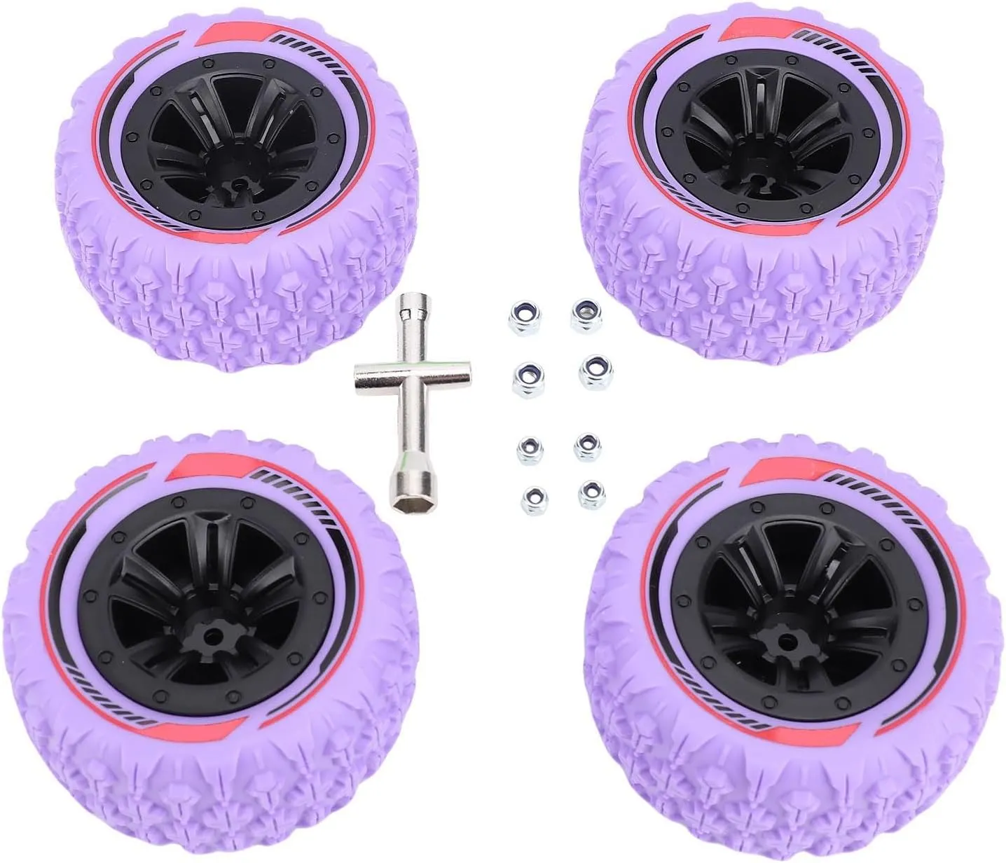 4PCS 12mm Hex RC Wheel Tire Extra Large Mud Terrain Tires with Anti Skid Surface Aluminum Alloy Beadlock Wheels for 1/14 1/16 RC Car Crawler Truck (Purple)