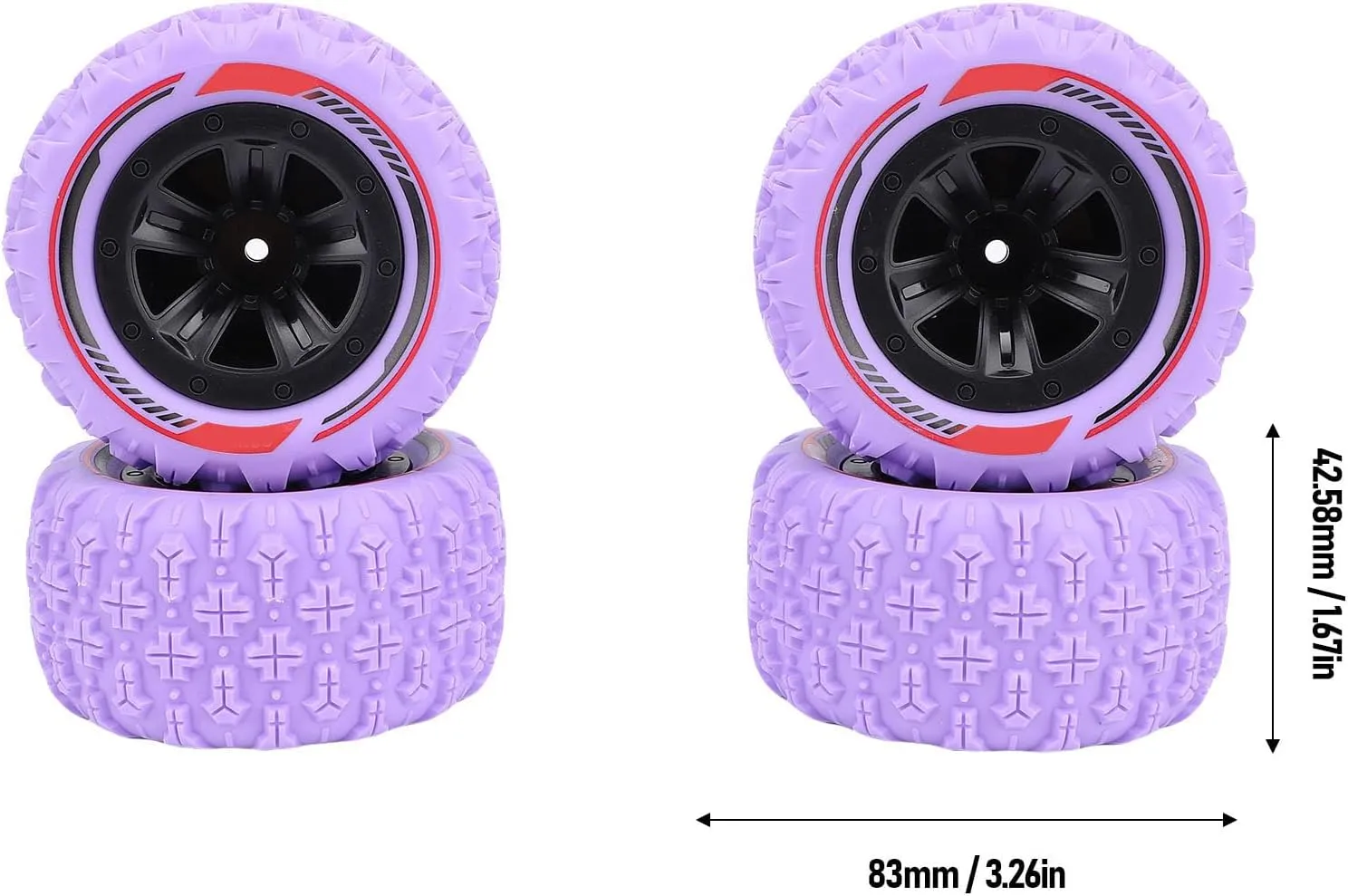 4PCS 12mm Hex RC Wheel Tire Extra Large Mud Terrain Tires with Anti Skid Surface Aluminum Alloy Beadlock Wheels for 1/14 1/16 RC Car Crawler Truck (Purple)