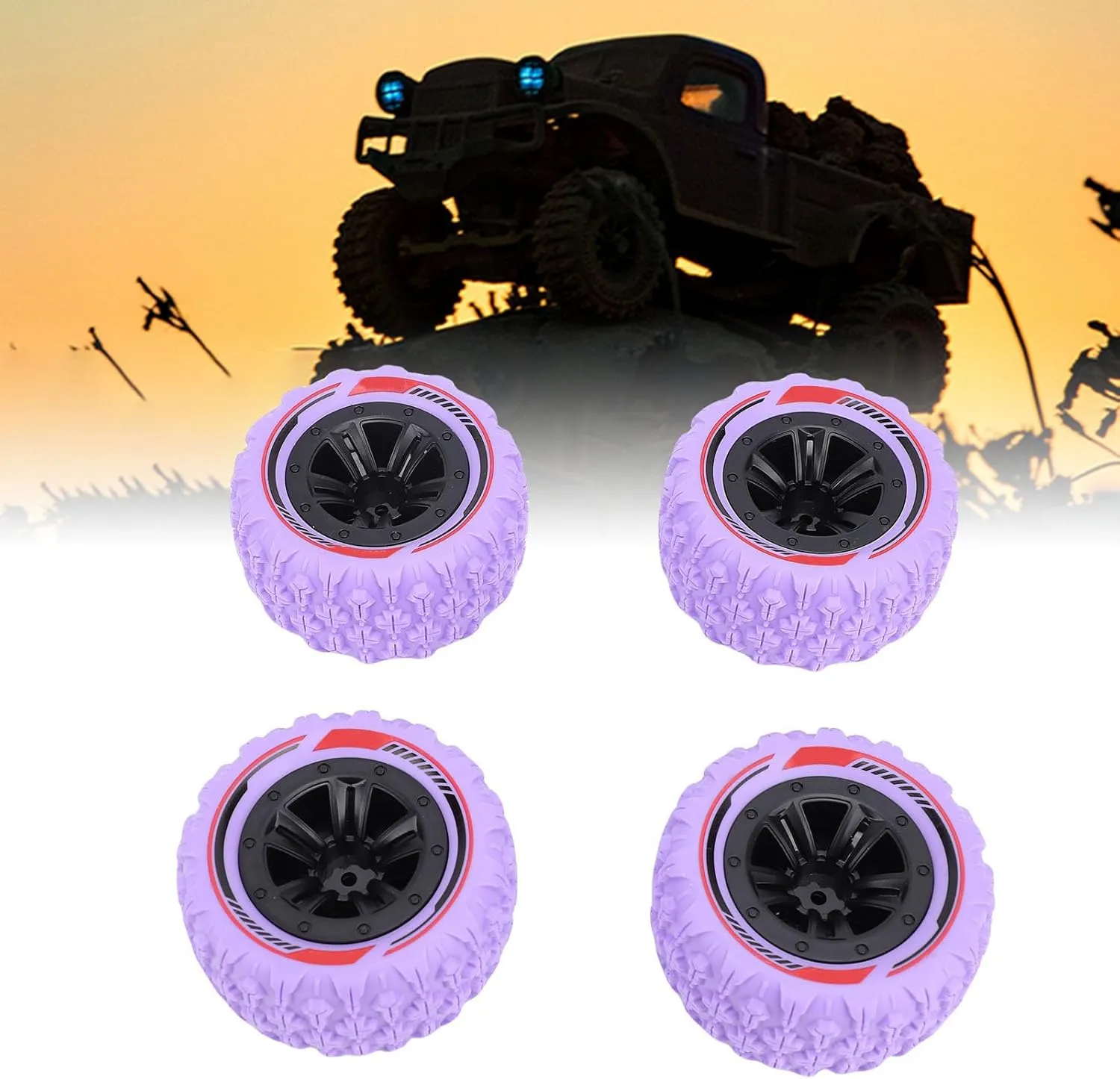 4PCS 12mm Hex RC Wheel Tire Extra Large Mud Terrain Tires with Anti Skid Surface Aluminum Alloy Beadlock Wheels for 1/14 1/16 RC Car Crawler Truck (Purple)