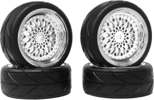 4PCS 64mm Rubber Tires and Plastic Wheel Rims Set 12mm Hex Replacement Part for Sakura Tamiya TT02 HPI HSP Kyosho 1/10 RC On Road Run-flating Touring Racing Car Tyre(Silver,Offset:9MM)