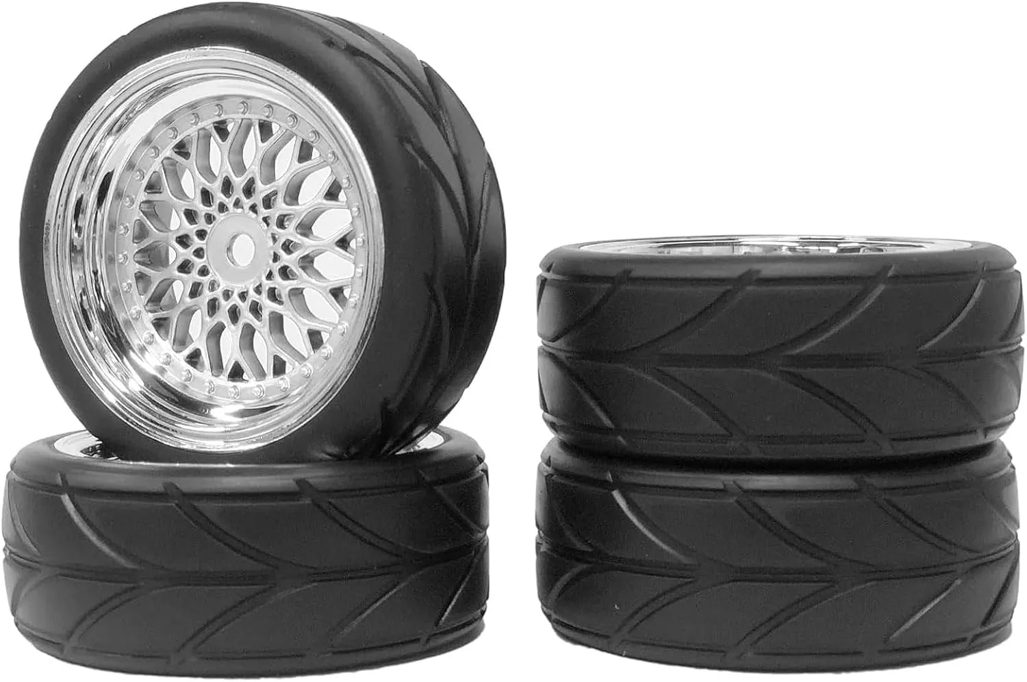 4PCS 64mm Rubber Tires and Plastic Wheel Rims Set 12mm Hex Replacement Part for Sakura Tamiya TT02 HPI HSP Kyosho 1/10 RC On Road Run-flating Touring Racing Car Tyre(Silver,Offset:9MM)