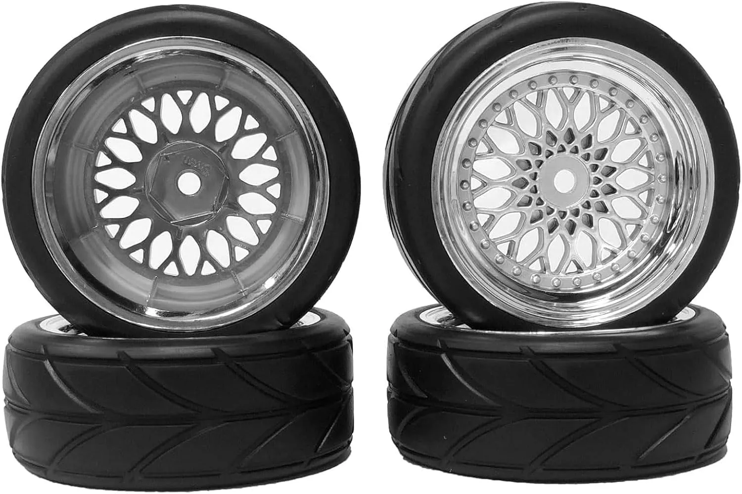 4PCS 64mm Rubber Tires and Plastic Wheel Rims Set 12mm Hex Replacement Part for Sakura Tamiya TT02 HPI HSP Kyosho 1/10 RC On Road Run-flating Touring Racing Car Tyre(Silver,Offset:9MM)