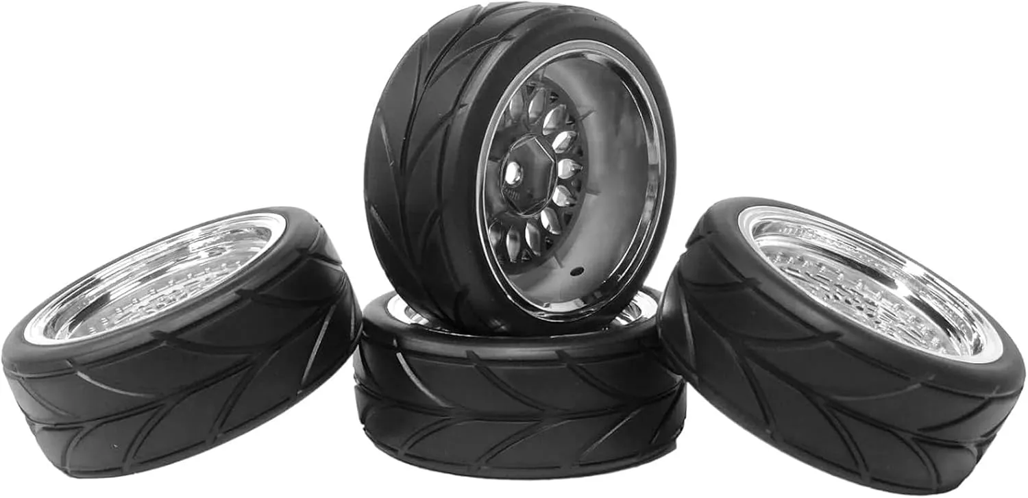 4PCS 64mm Rubber Tires and Plastic Wheel Rims Set 12mm Hex Replacement Part for Sakura Tamiya TT02 HPI HSP Kyosho 1/10 RC On Road Run-flating Touring Racing Car Tyre(Silver,Offset:9MM)