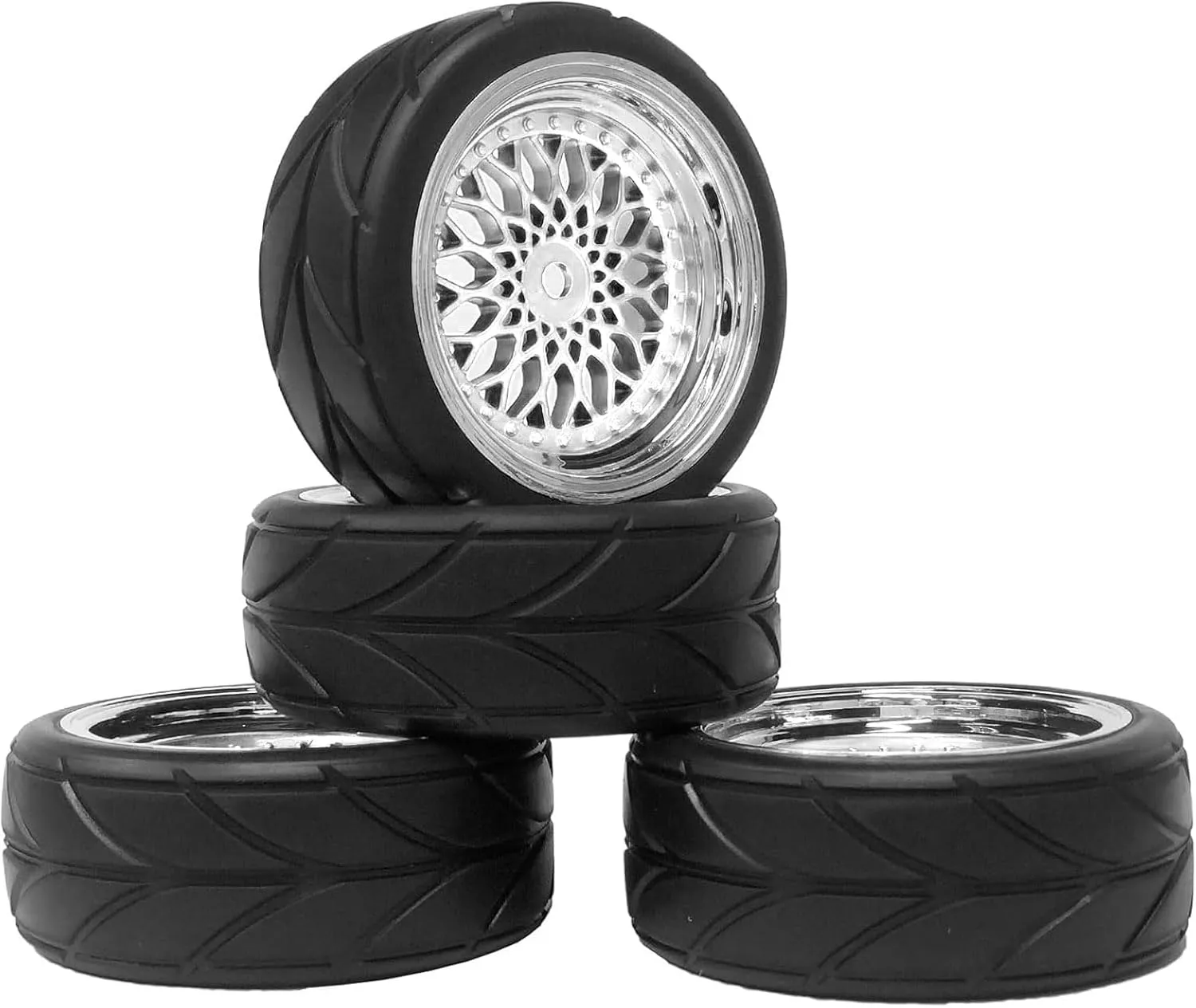 4PCS 64mm Rubber Tires and Plastic Wheel Rims Set 12mm Hex Replacement Part for Sakura Tamiya TT02 HPI HSP Kyosho 1/10 RC On Road Run-flating Touring Racing Car Tyre(Silver,Offset:9MM)