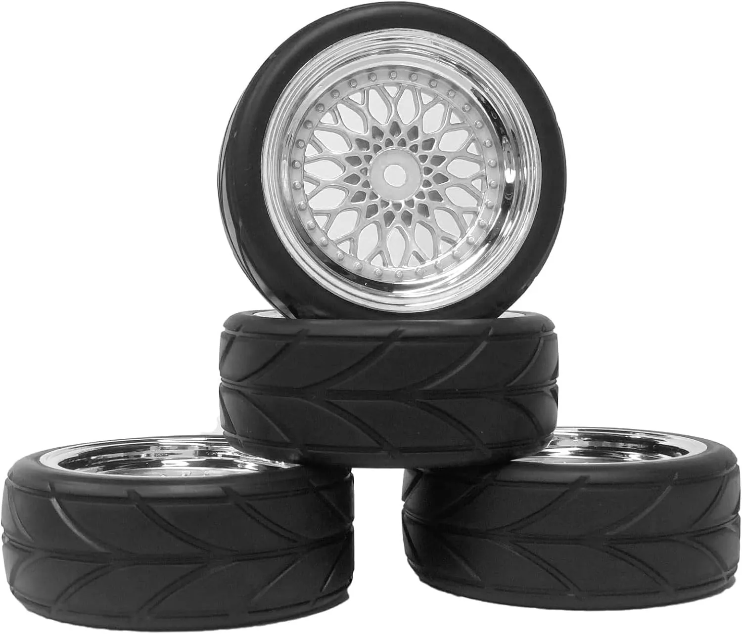 4PCS 64mm Rubber Tires and Plastic Wheel Rims Set 12mm Hex Replacement Part for Sakura Tamiya TT02 HPI HSP Kyosho 1/10 RC On Road Run-flating Touring Racing Car Tyre(Silver,Offset:9MM)