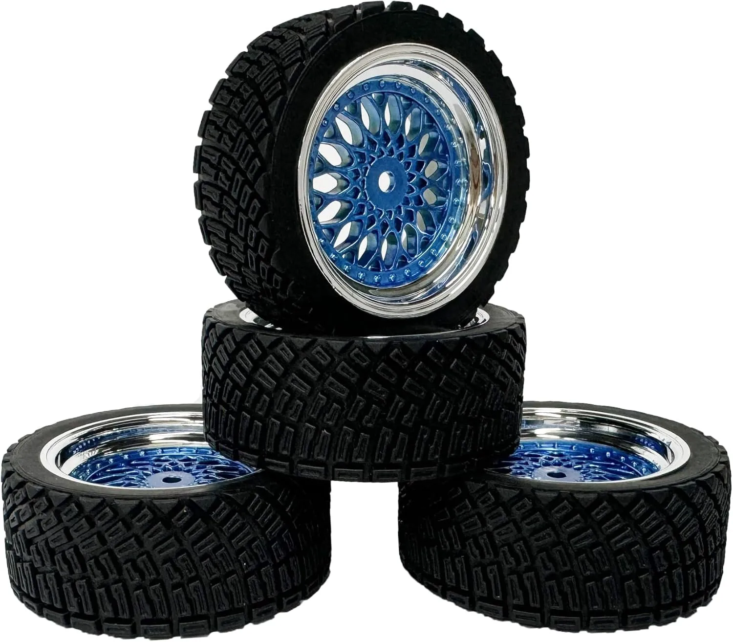 4PCS 65mm RC Rally Car Rubber Tires and Plastic Plating Wheel Rims Set 12mm Hex for 1/10 RC On-Road Rally Drift Racing Car for Tamiya HPI WR8 HSP TT02 WLtoys(Blue Silver)